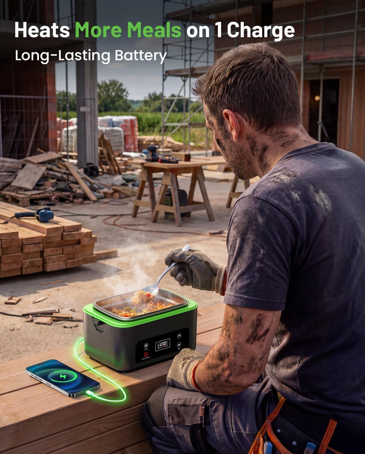 Detalle de TaskStar Heated Lunch Box: 100W Cordless Portable Warmer with 1.2L Leakproof Design