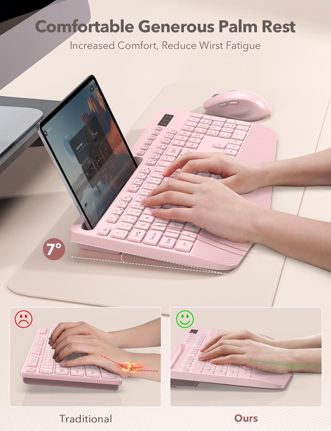 Thumbnail 1 de Wireless Keyboard and Mouse Combo (Pink) — Full-Size, Ergonomic with Wrist Rest