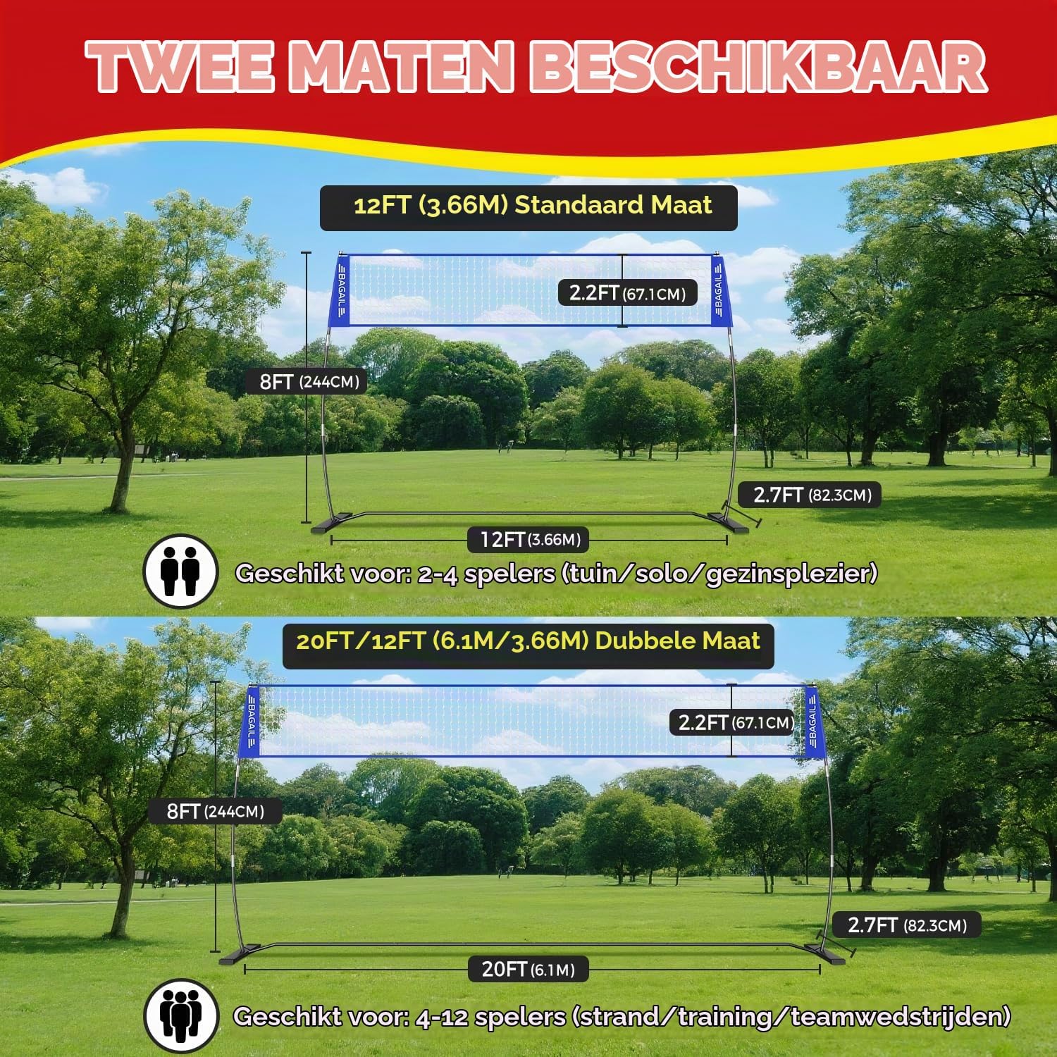 Detalle 1 de BAGAIL VN01-Blue volleybalnet, 3,6 m, verstelbaar en vrijstaand