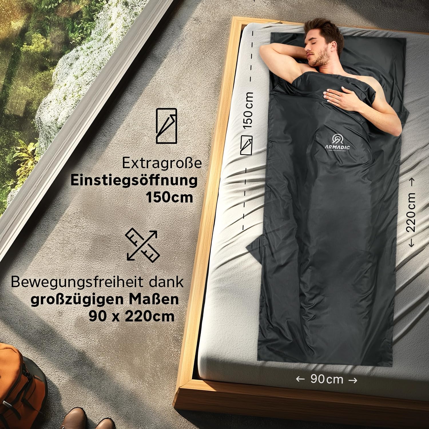 Detalle de Armadic Hüttenschlafsack aus Mikrofaser oder Bio-Baumwolle – Ultra leicht, klein und dünn
