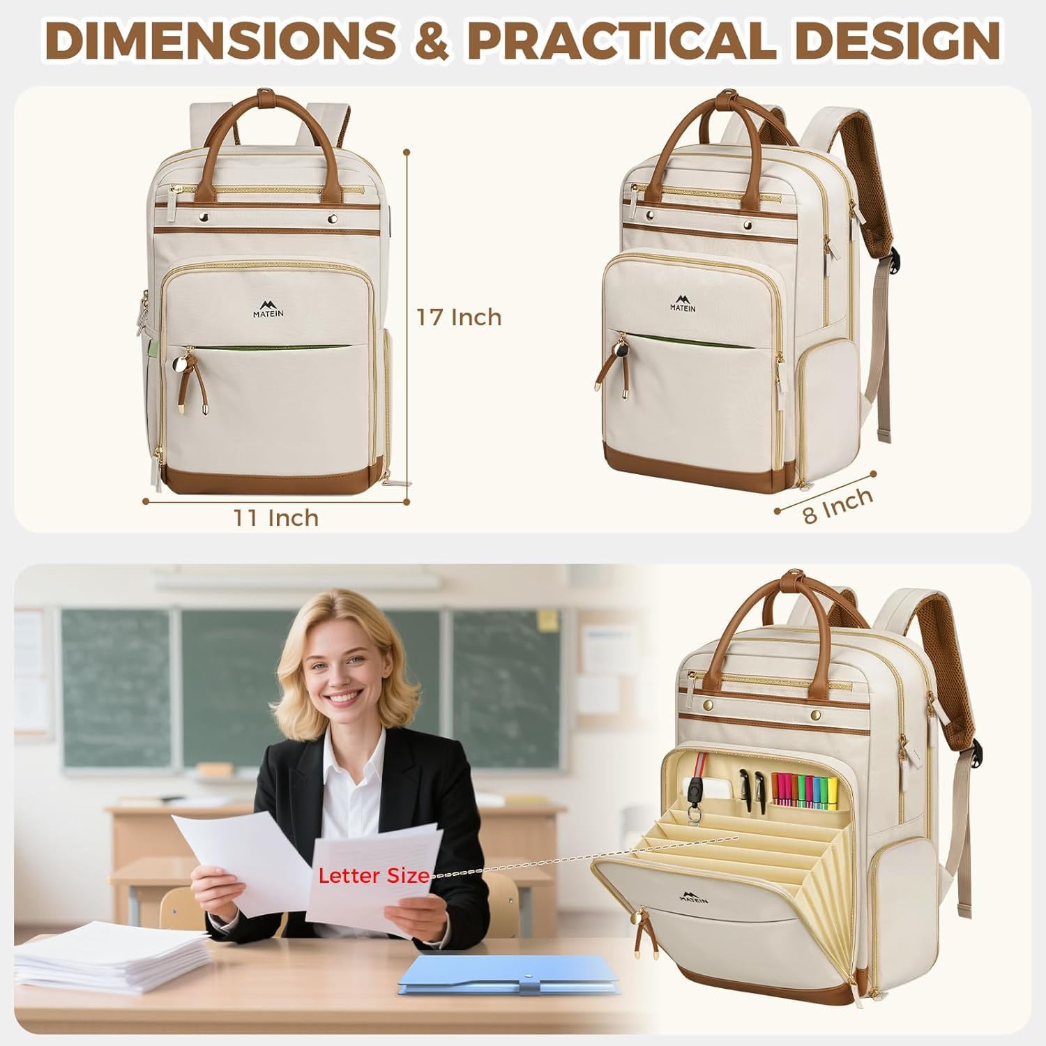 Detalle de MATEIN Laptop-Rucksack Damen 15,6 Zoll (2-in-1) mit abnehmbarem Kühlfach, USB-Ladeanschluss und A5-Dokumentenmappe – Beige
