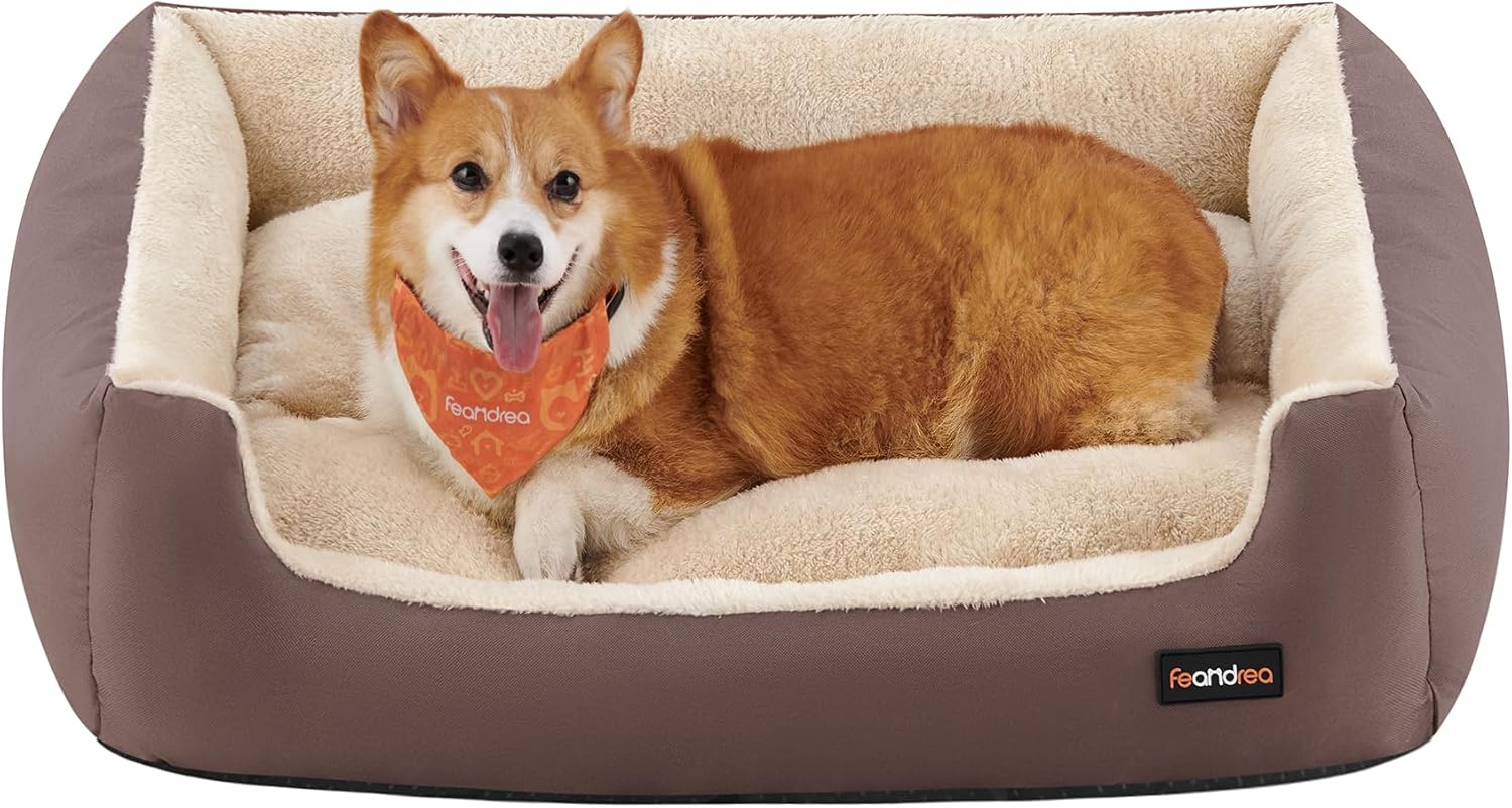 Detalle de Feandrea Cuccia Cane Interno 85x65x21 cm – Tappeto Rimovibile e Bordi Rialzati, Marrone Caffè e Beige Sabbia
