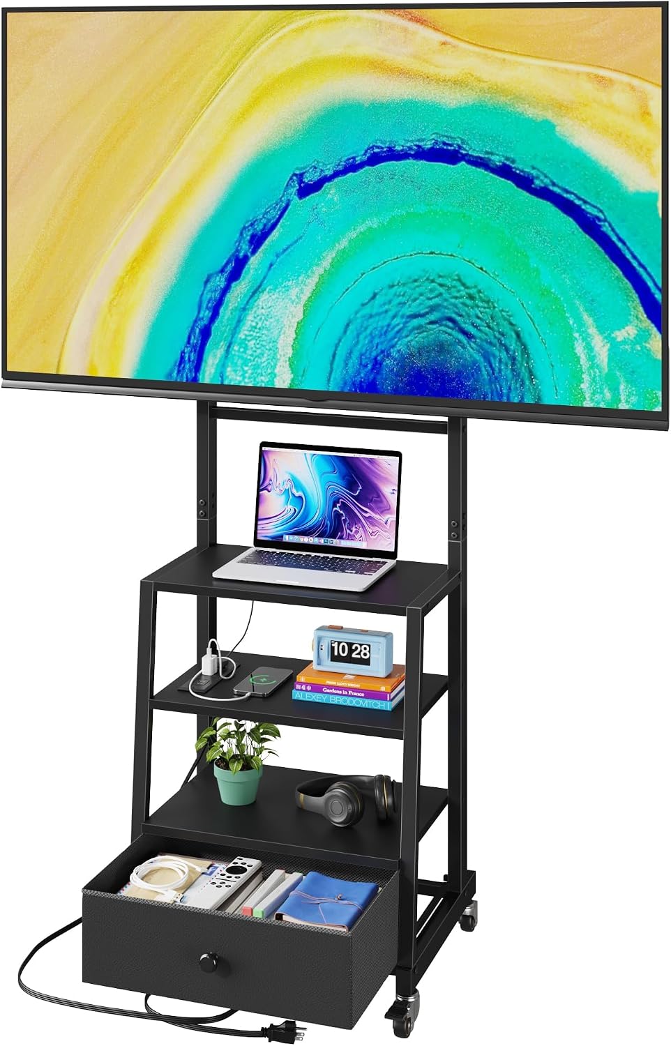 Detalle de AFLUI TVS022-BK Rolling TV Stand with Wheels, Metal Mount and Fabric Drawer