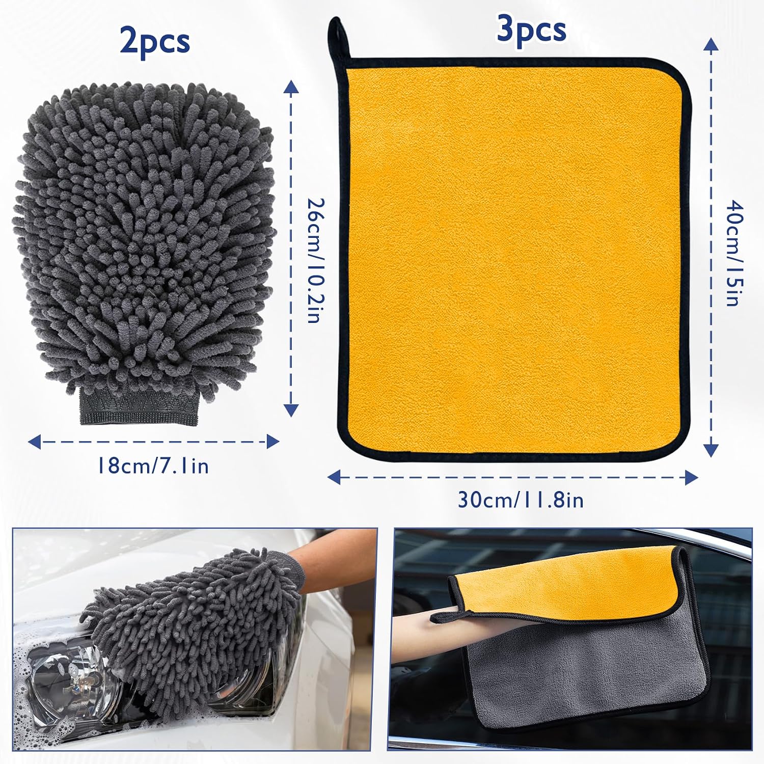 Detalle de KALBIGRO 5-delige autoverzorgingsset met 3 microvezeldoeken en 2 washandschoenen