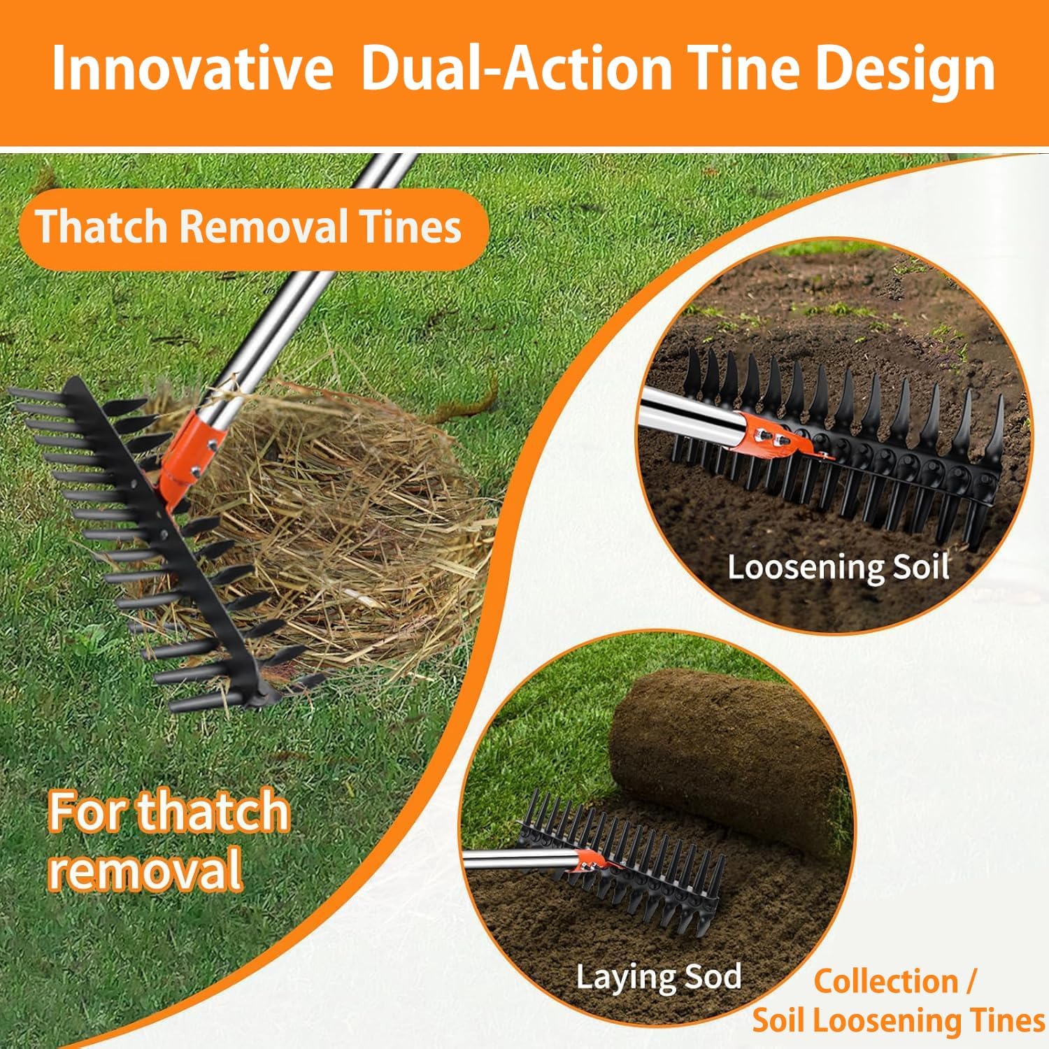 Detalle de Tolia Thatch Rake — Heavy Duty Garden Rake with Dual-Action Tines and 145 cm Adjustable Handle