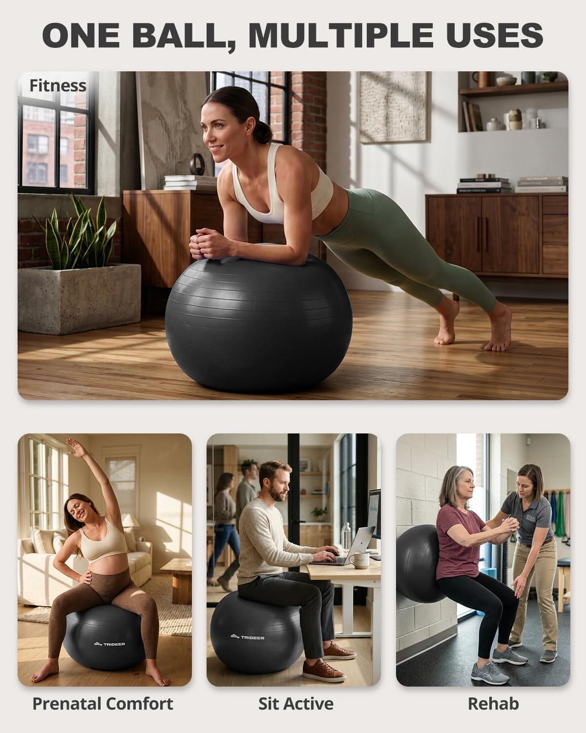 Detalle de Trideer Exercise Ball for Yoga, Pilates & Fitness (Anti-Slip, Burst-Resistant PVC) — Core, Balance & Active Sitting
