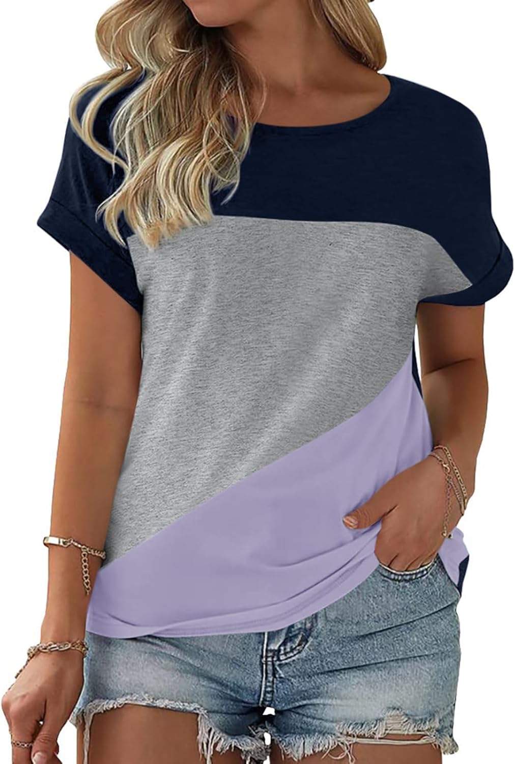 Thumbnail 3 de Fisoew Damen T-Shirt Rundhals Farbblock – locker sitzendes Baumwoll-Oberteil für den Sommer