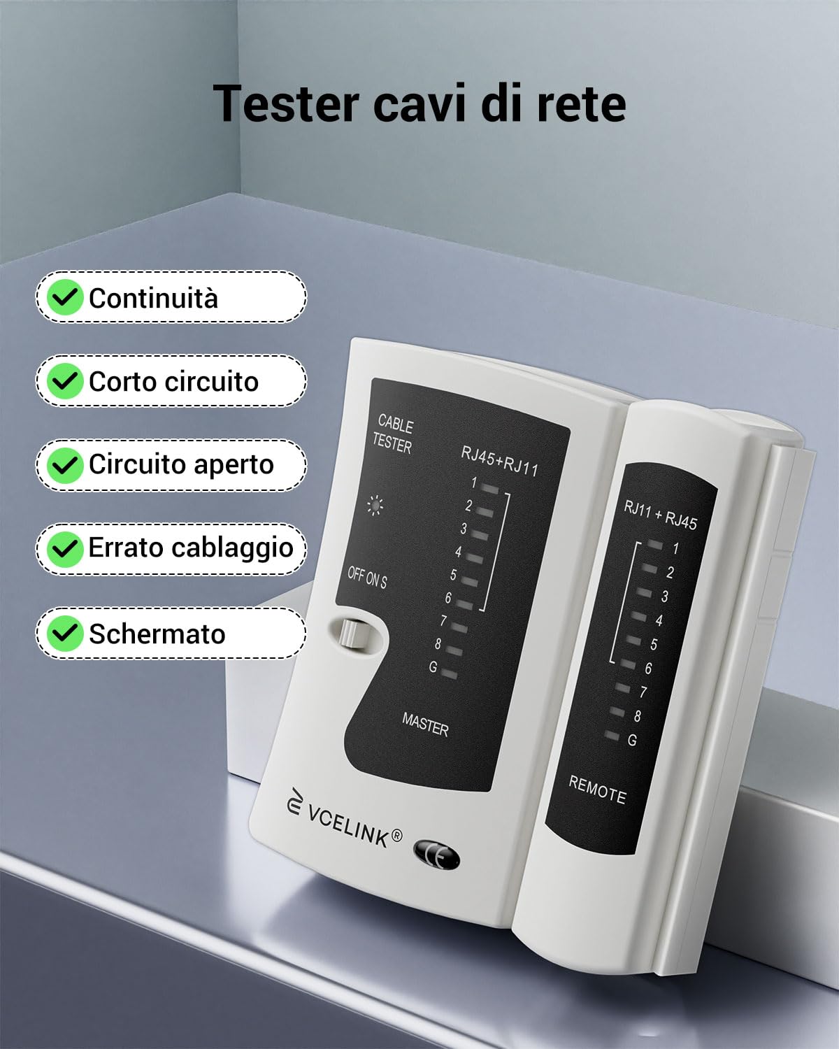 Detalle 2 de VCELINK Tester Cavi di Rete GJ468 per RJ45/RJ11/RJ12 (PoE) – Tester Ethernet professionale grigio