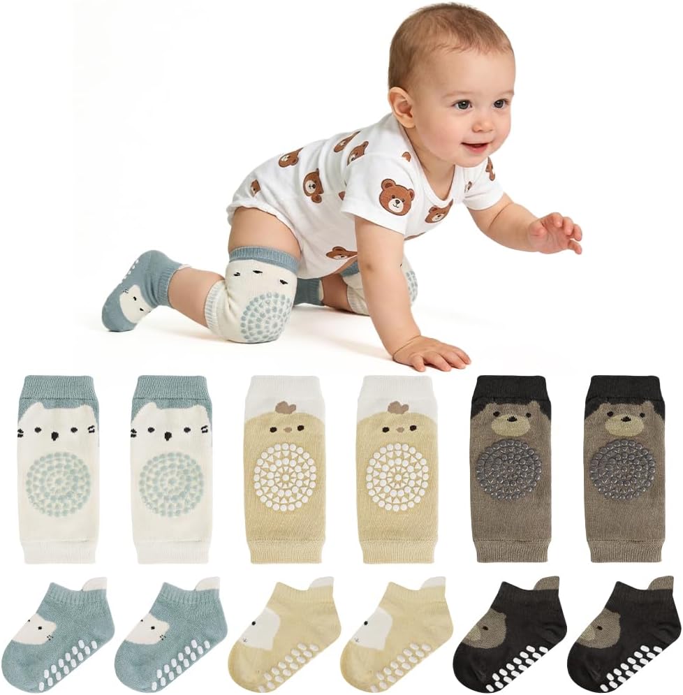 Detalle de AOOTE Baby Socks and Knee Pad Set, 3 Pairs Each with Rubber-Dot Socks