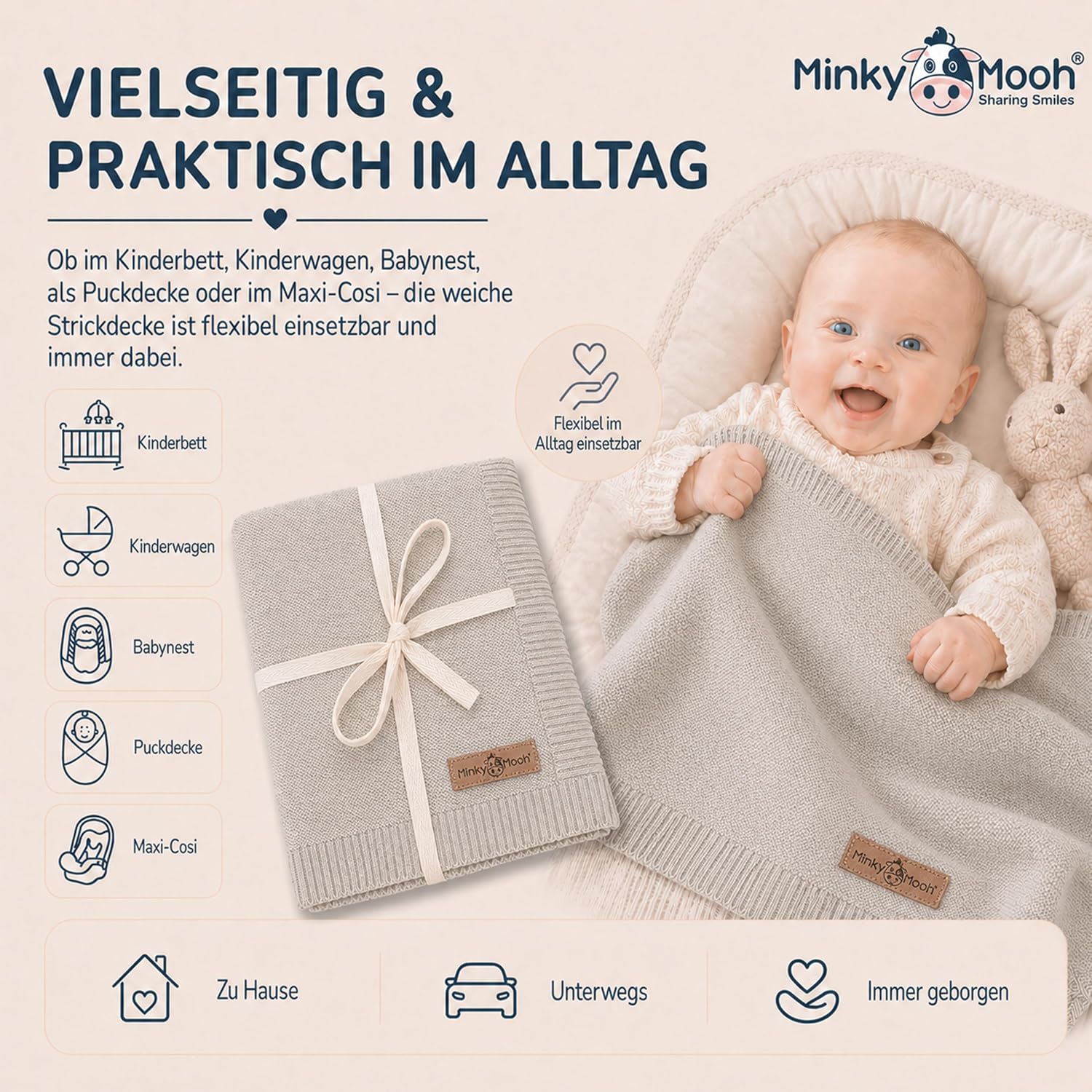 Thumbnail 5 de Minky Mooh® Babydecke aus 100% Bio-Baumwolle, 94x72 cm, grau – Kuscheldecke für Neugeborene