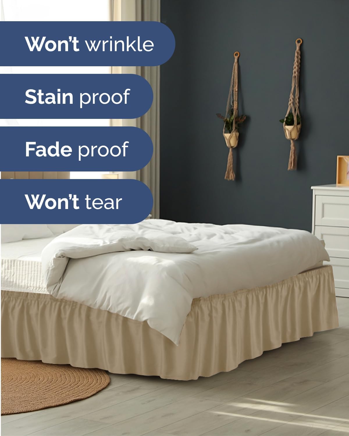 Thumbnail 4 de CGK Unlimited Wrap Around Dust Ruffle Bed Skirt (Beige) for Twin/Twin XL — 18" Drop, Easy Fit Elastic Strap