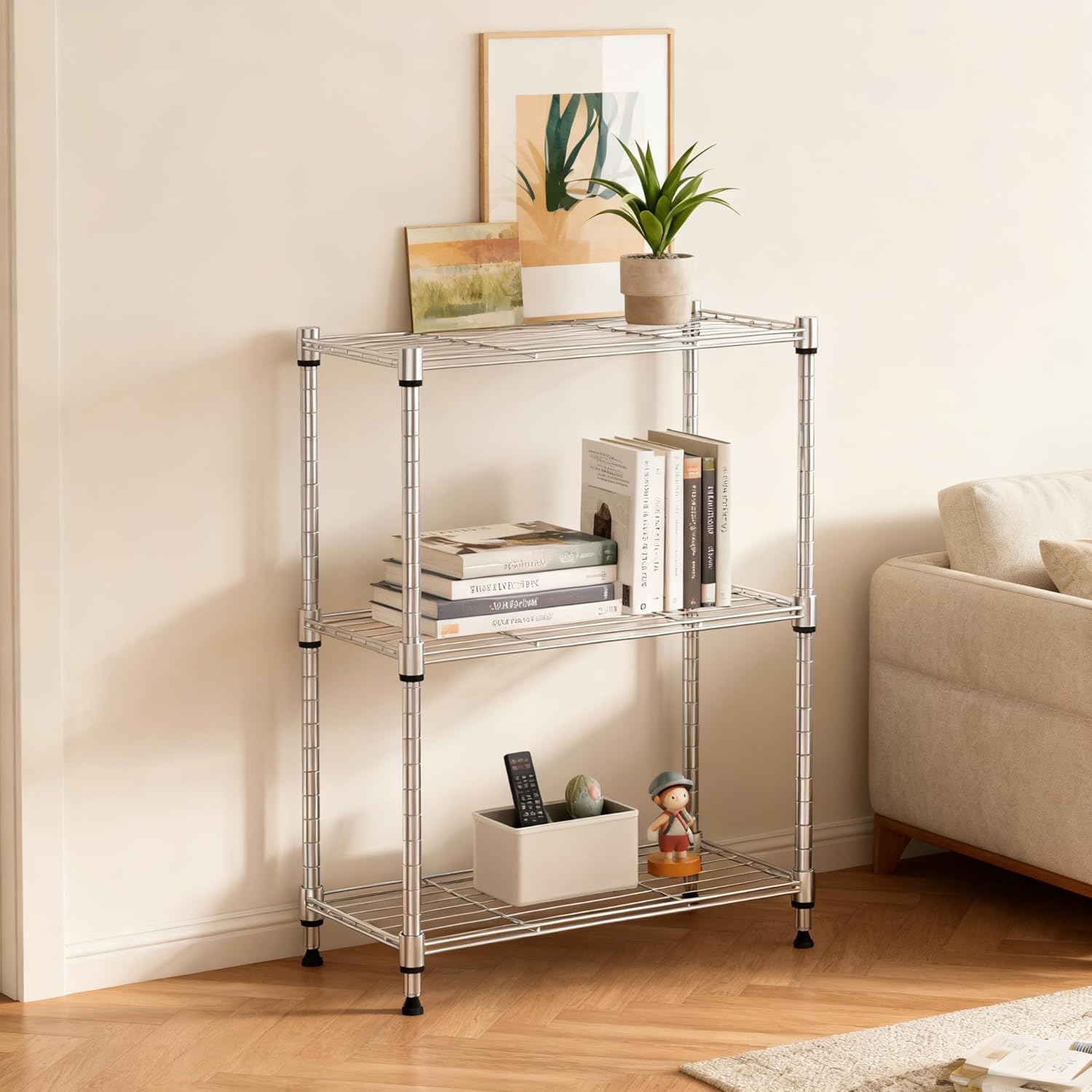 Detalle 1 de M MZG E304567OH301LB-AU metalen opbergrek, 3 niveaus, verstelbaar, chroom