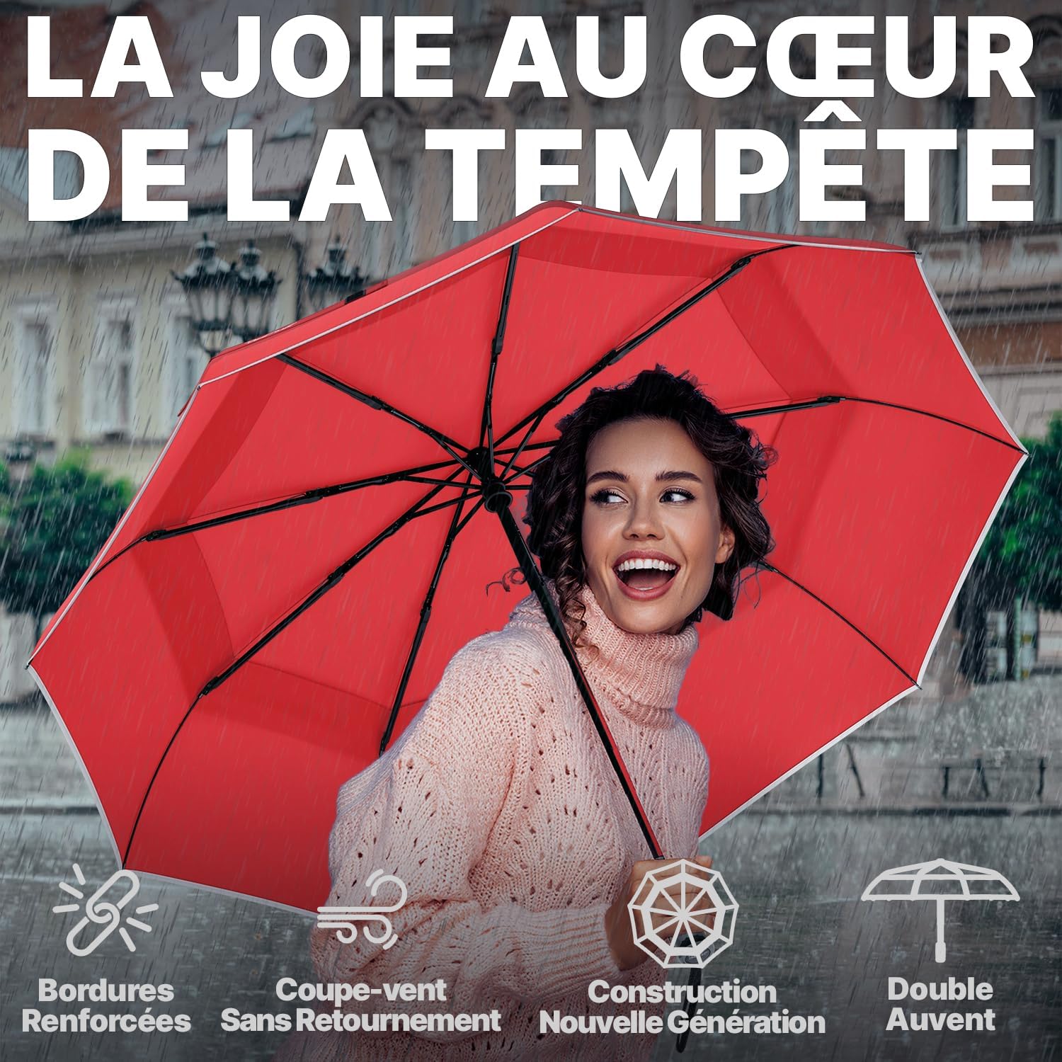 Thumbnail 3 de Royal Walk Parapluie de poche résistant au vent, automatique, double toit et poignée en bois (L, rouge)