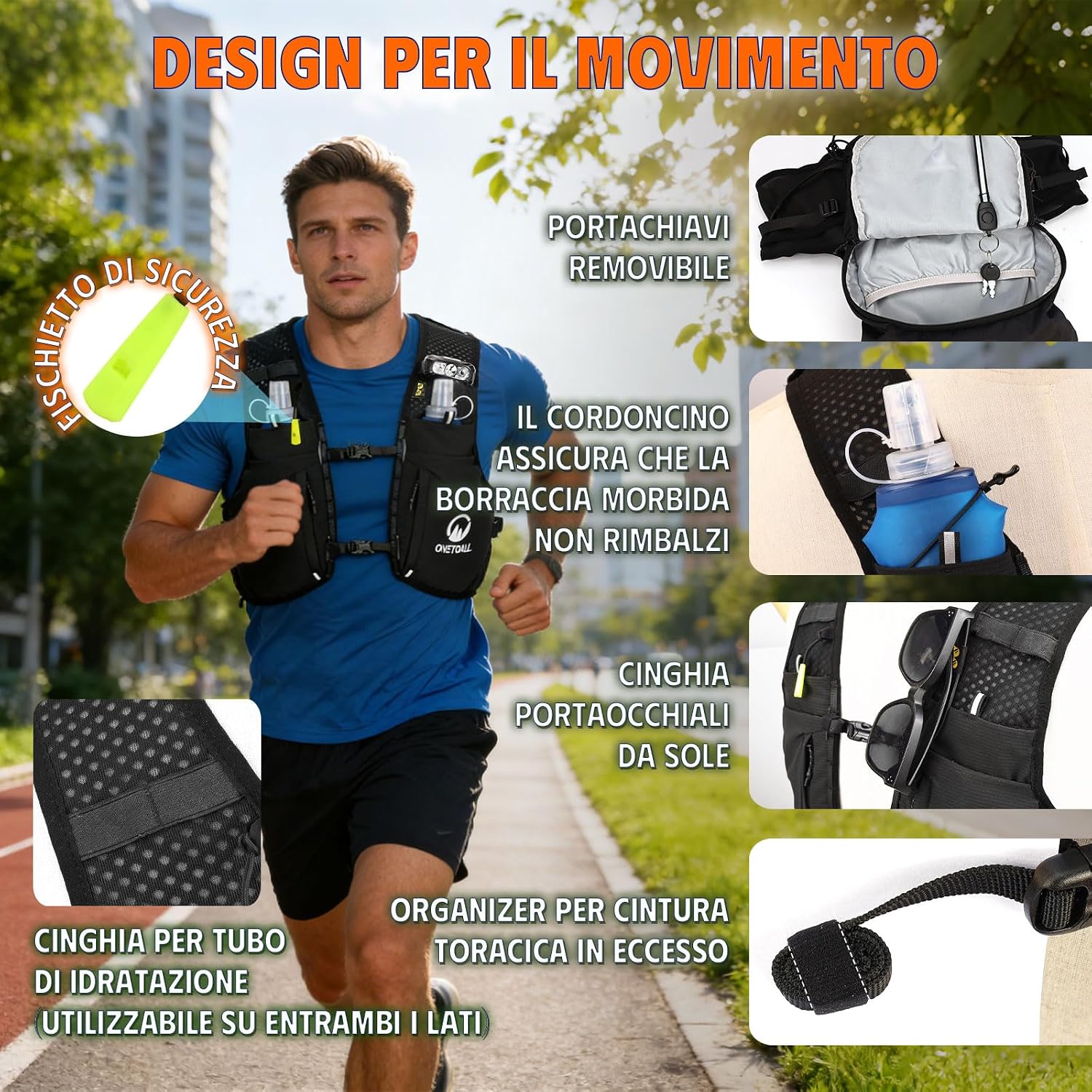 Detalle de ONETOALL Gilet Running con Zaino Trail 2 Borracce 500 ml + Luce LED Ricaricabile