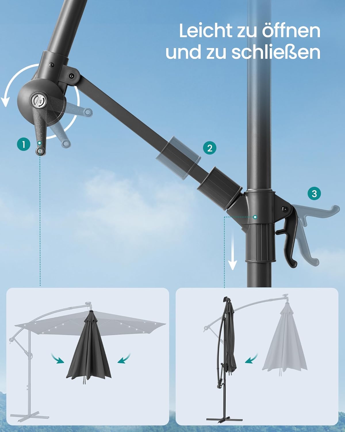 Thumbnail 6 de SONGMICS Ampelschirm 350 cm mit LED-Solar-Beleuchtung, 32 LEDs, UPF 50+, Kurbel und Ständer (grau) GPU119GZ01