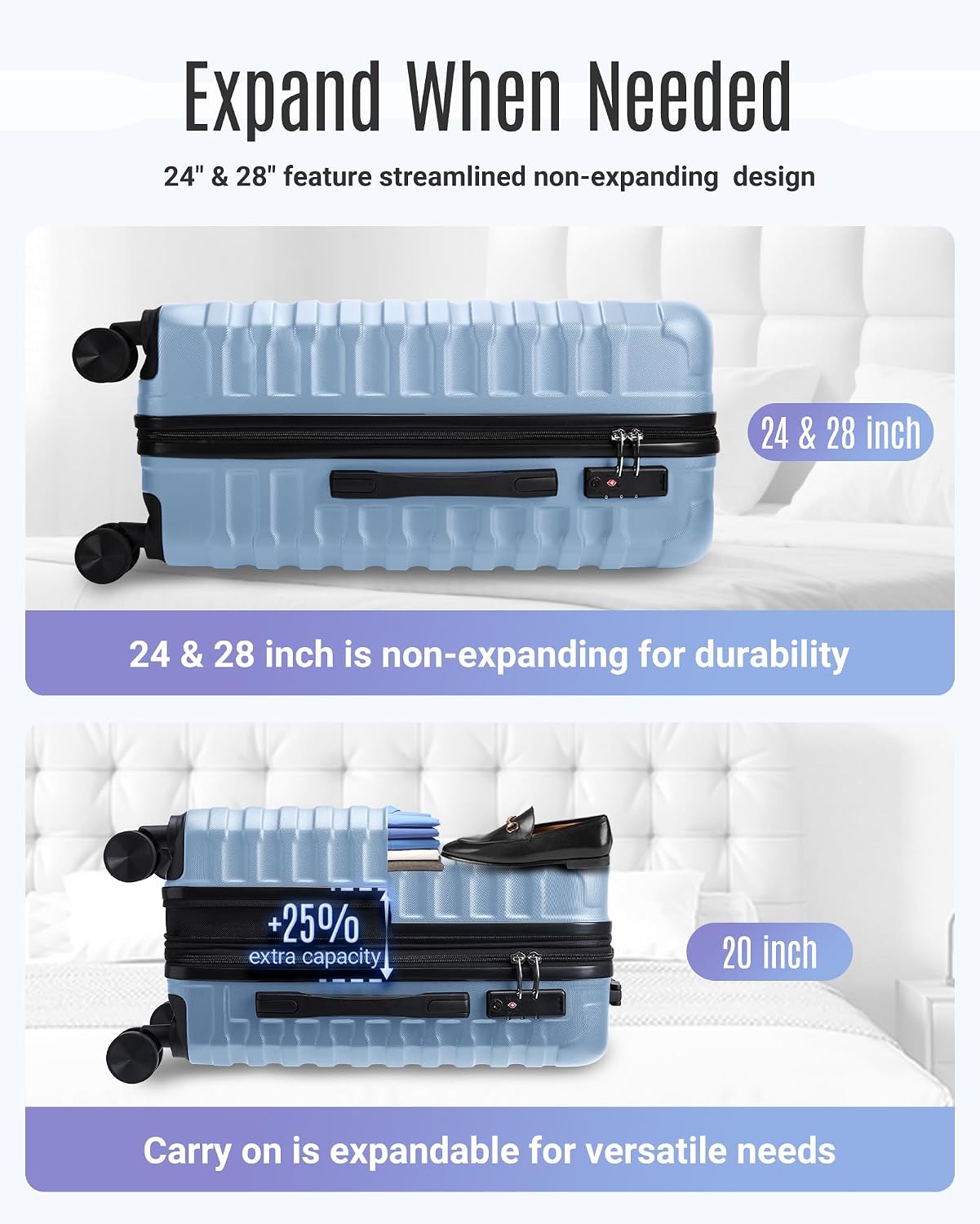 Thumbnail 5 de LIGHT FLIGHT 3-Piece Luggage Set: Durable ABS Hard Shell with 360° Wheels, TSA Lock, 20/24/28 Inch in Light Blue