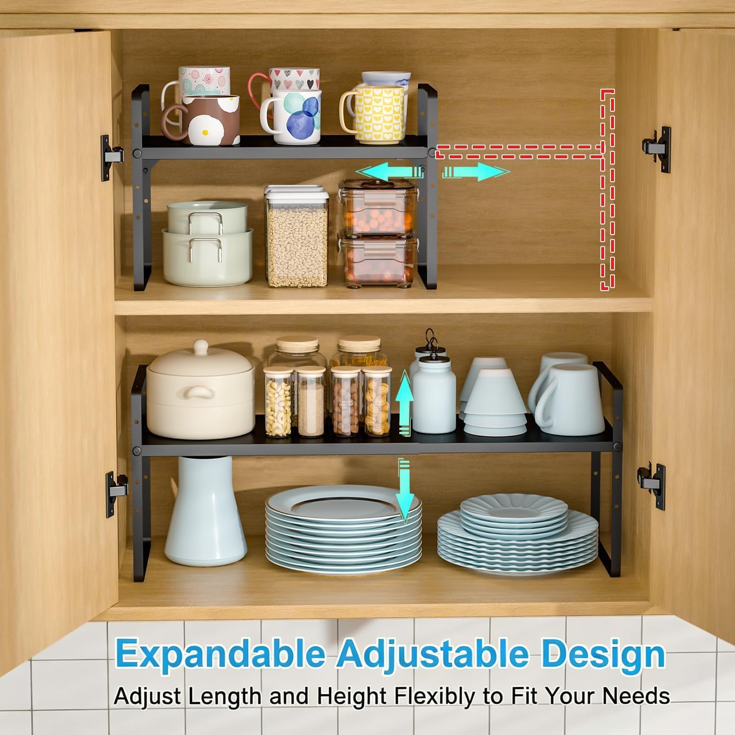 Detalle de 15.5–25.5 Inch Adjustable Kitchen Cabinet Shelf Organizers (Set of 3) — Expandable, Stackable Countertop Storage Shelves, 30LBS Heavy Duty