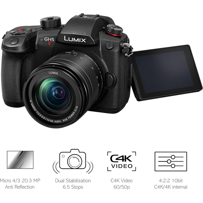 Detalle de Panasonic Lumix GH5M2 cámara Micro 4/3 de 20,3 MP, vídeo 4K y objetivo 12-60 mm