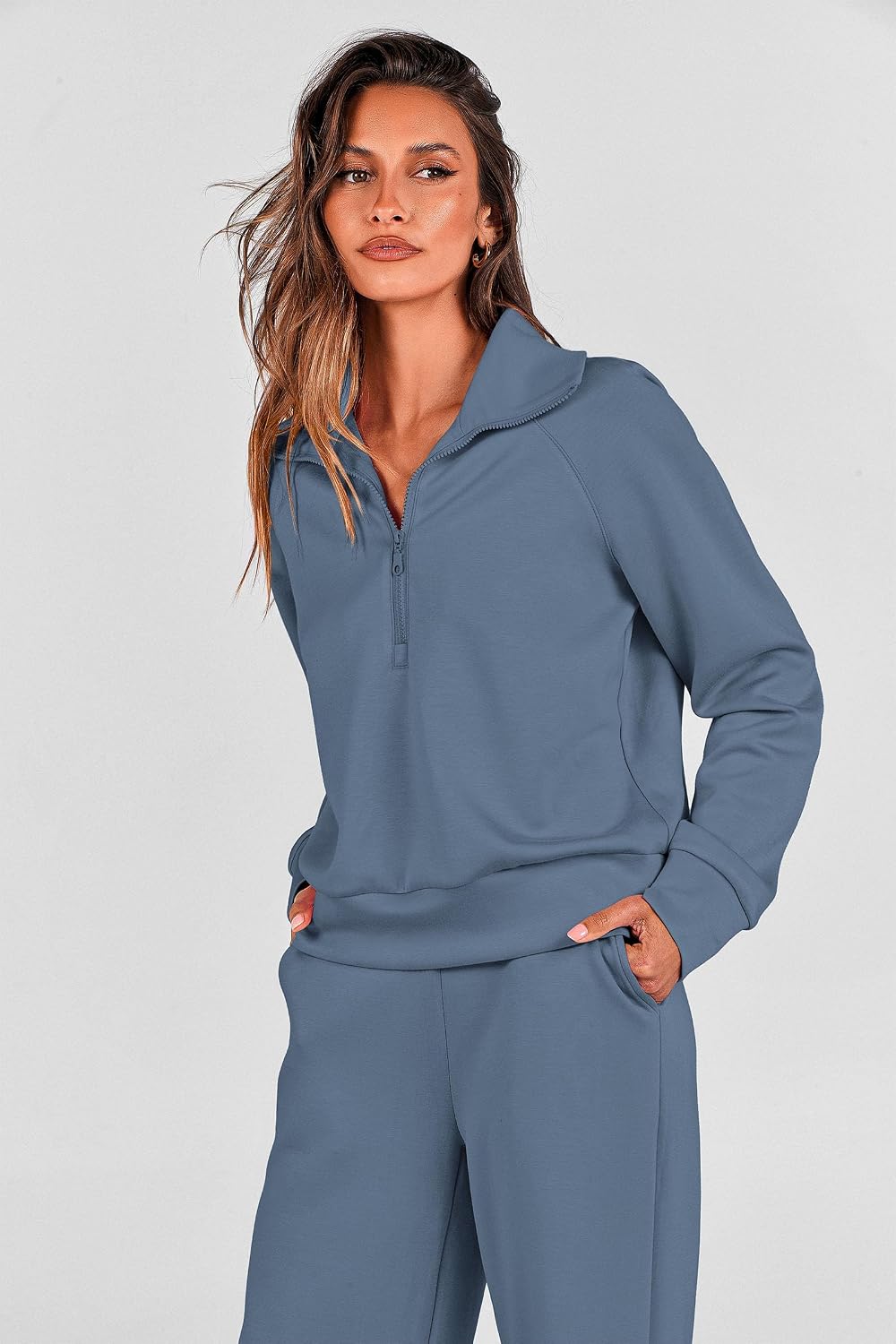 Detalle de PRETTYGARDEN Women's 2-Piece Lounge Set with Half-Zip Pullover and Wide-Leg Pants