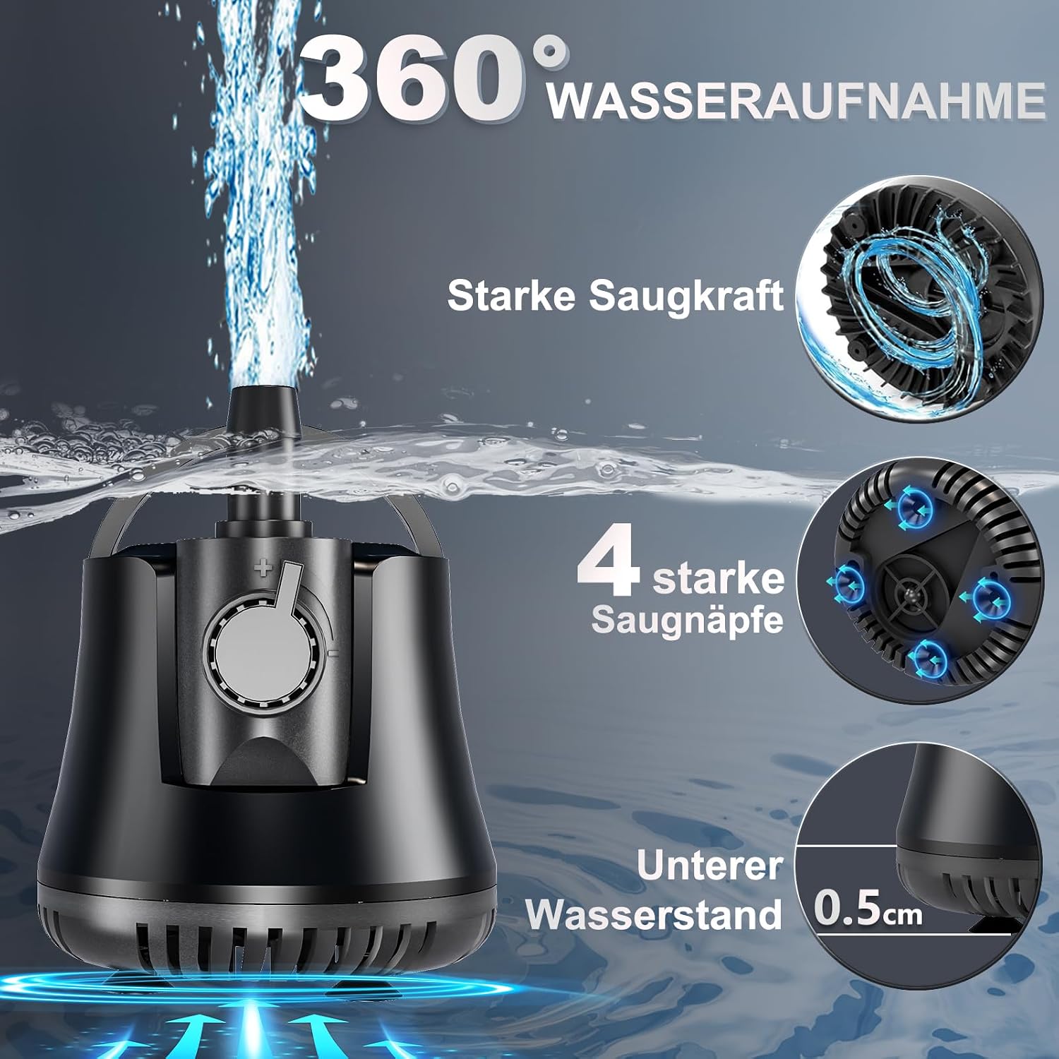 Detalle de Aquarium Pumpe 25W 1500L/H – leise Tauchpumpe für Aquarien, Teiche und Hydrokultur