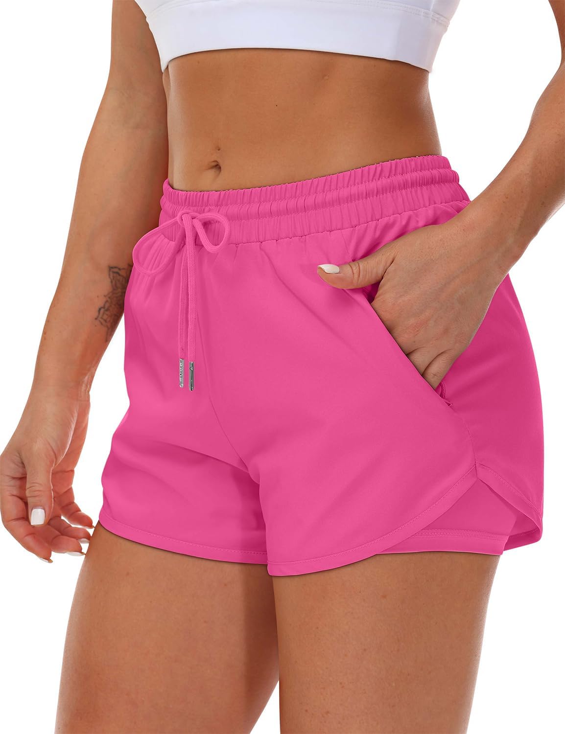 Detalle de Mancreda Women's Running Shorts with Liner 3 Zipper Pockets Elastic Workout Athletic Gym Yoga Shorts
