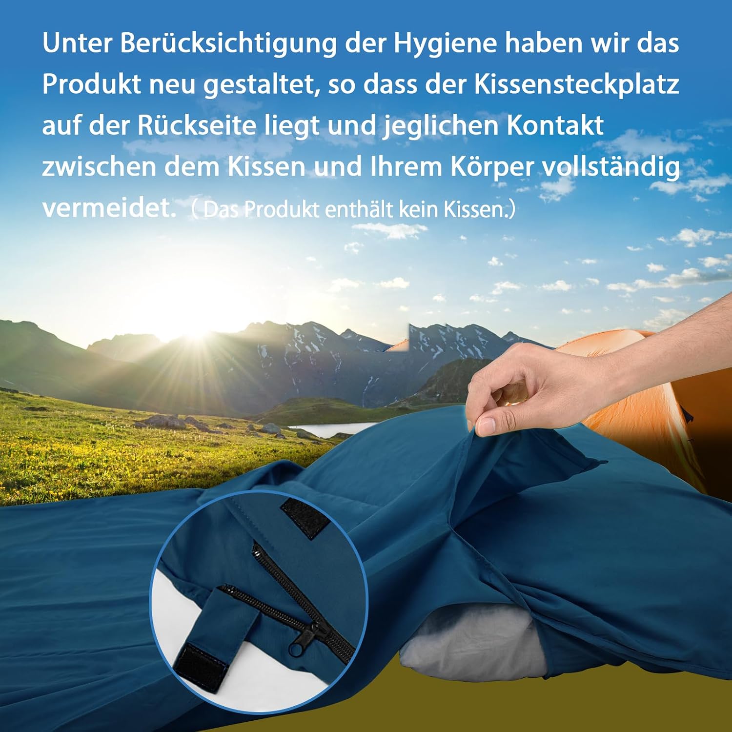 Detalle de JAICOM Hüttenschlafsack – Ultraleichter Seide‑Schlafsack, 220 × 90 cm, 540 g, 2in1 mit Kissenhalter, kompaktes Packmaß