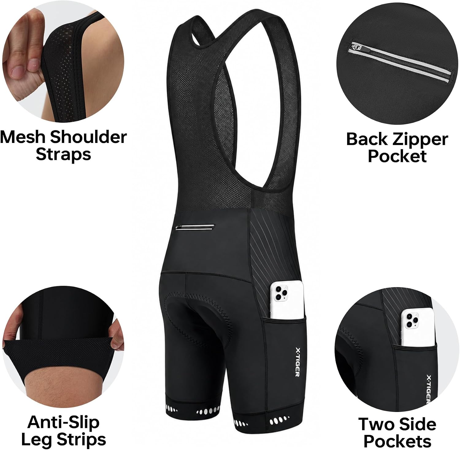 Detalle de X-TIGER Salopette Ciclismo Uomo MTB con Fondello Gel 5D – Traspirante, Tasche e Protezione UV