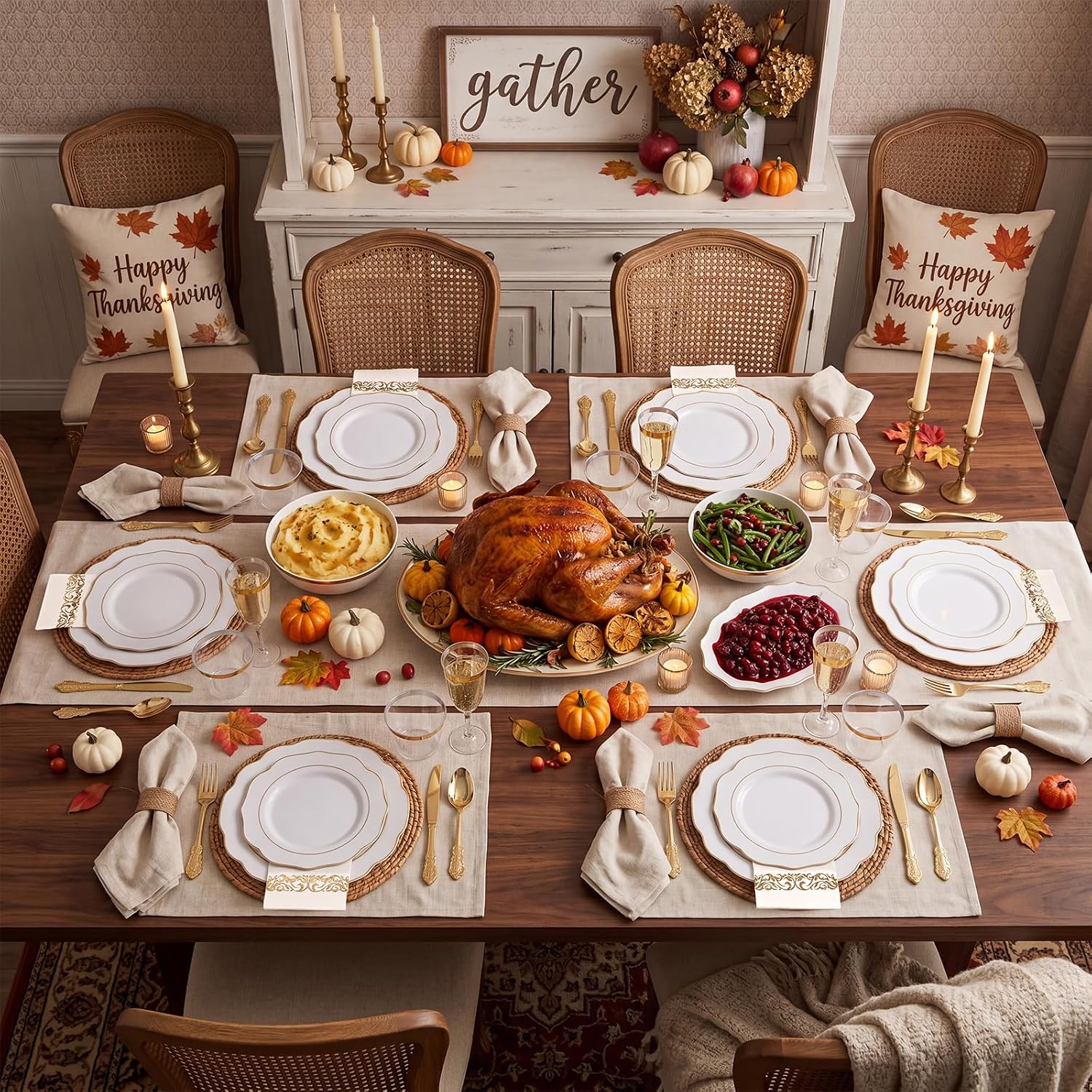 Detalle 1 de NOCCUR 175-Piece White and Gold Plastic Dinnerware Set with Flower-Shaped Plates