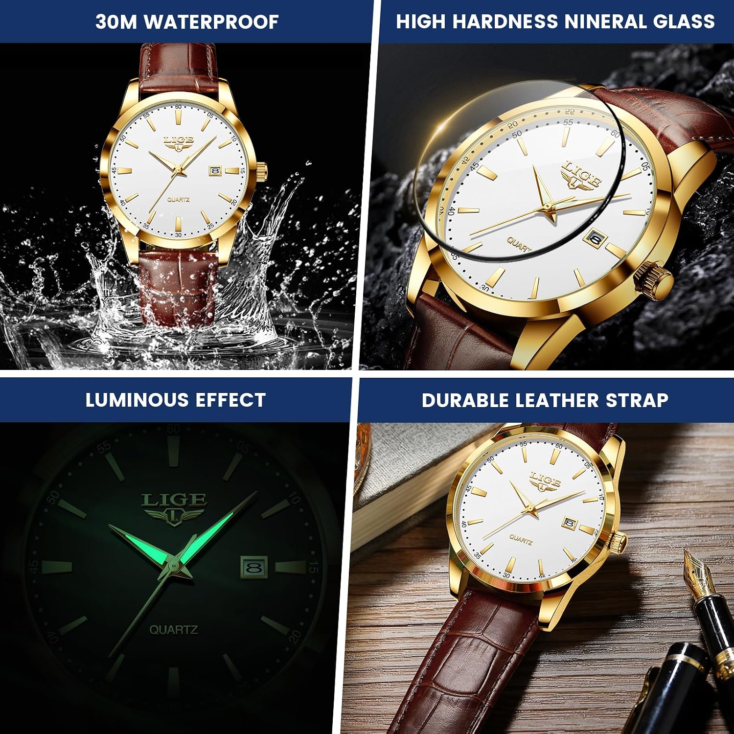 Detalle de LIGE Mens Watches Waterproof Analogue Vintage Quartz with Date, Brown Leather – Gold/White