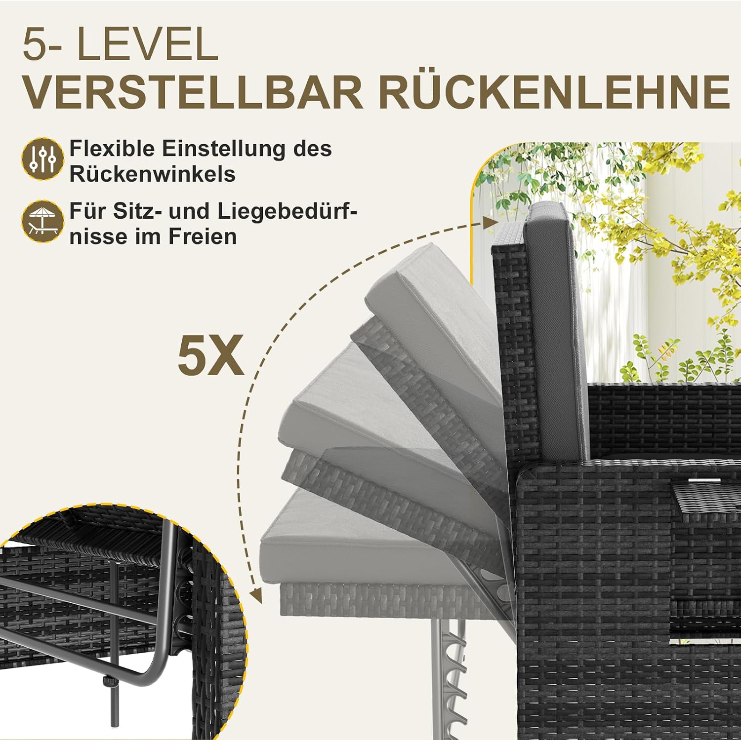 Thumbnail 3 de UDPATIO Rattan Lounge Möbel Outdoor – Verstellbares 2-Sitzer Gartensofa mit Stauraum, Hocker und verstellbarer Rückenlehne