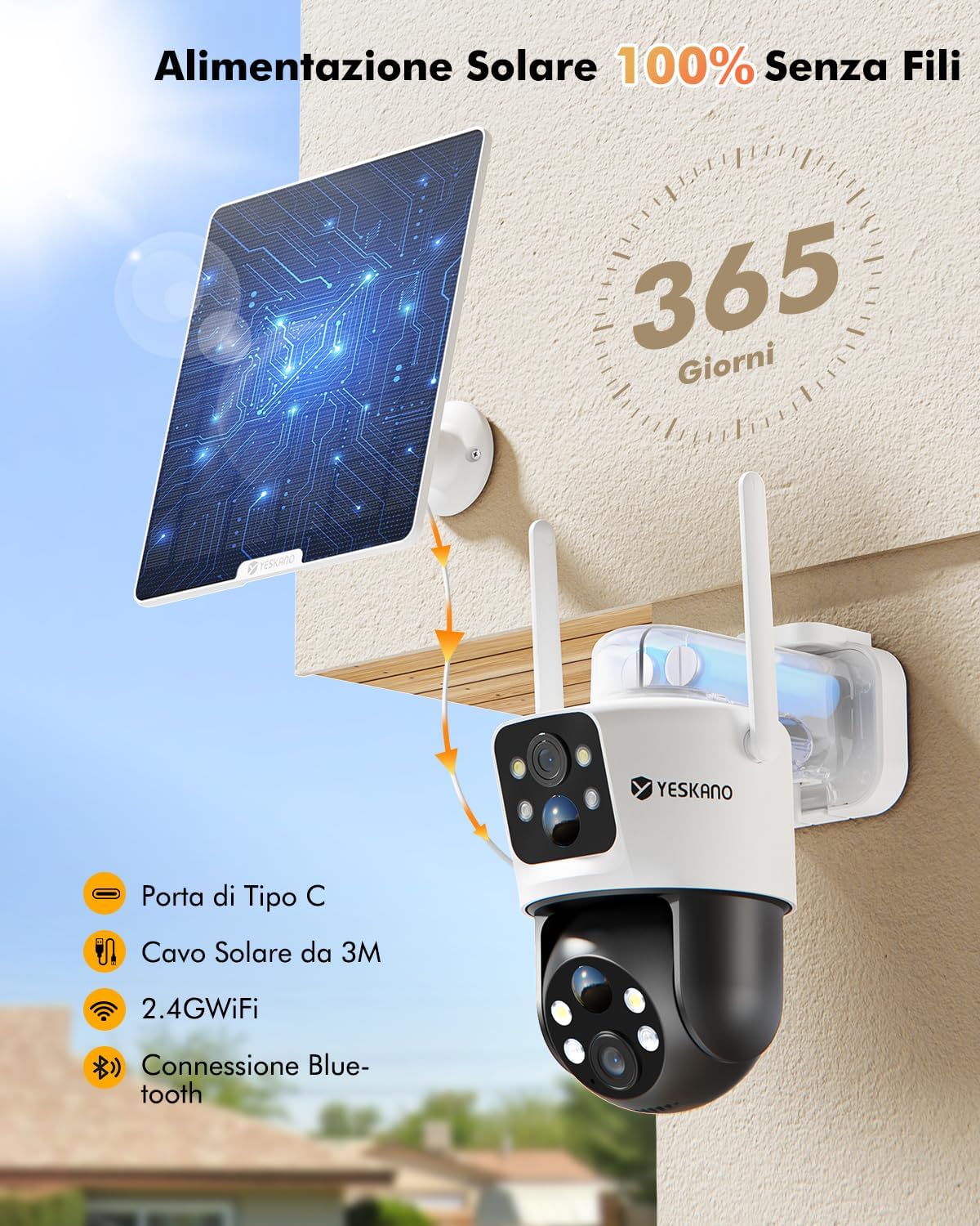 Thumbnail 2 de YESKANO 2K Telecamera Wi-Fi Esterno con Pannello Solare e Doppio Obiettivo – Sorveglianza 360°