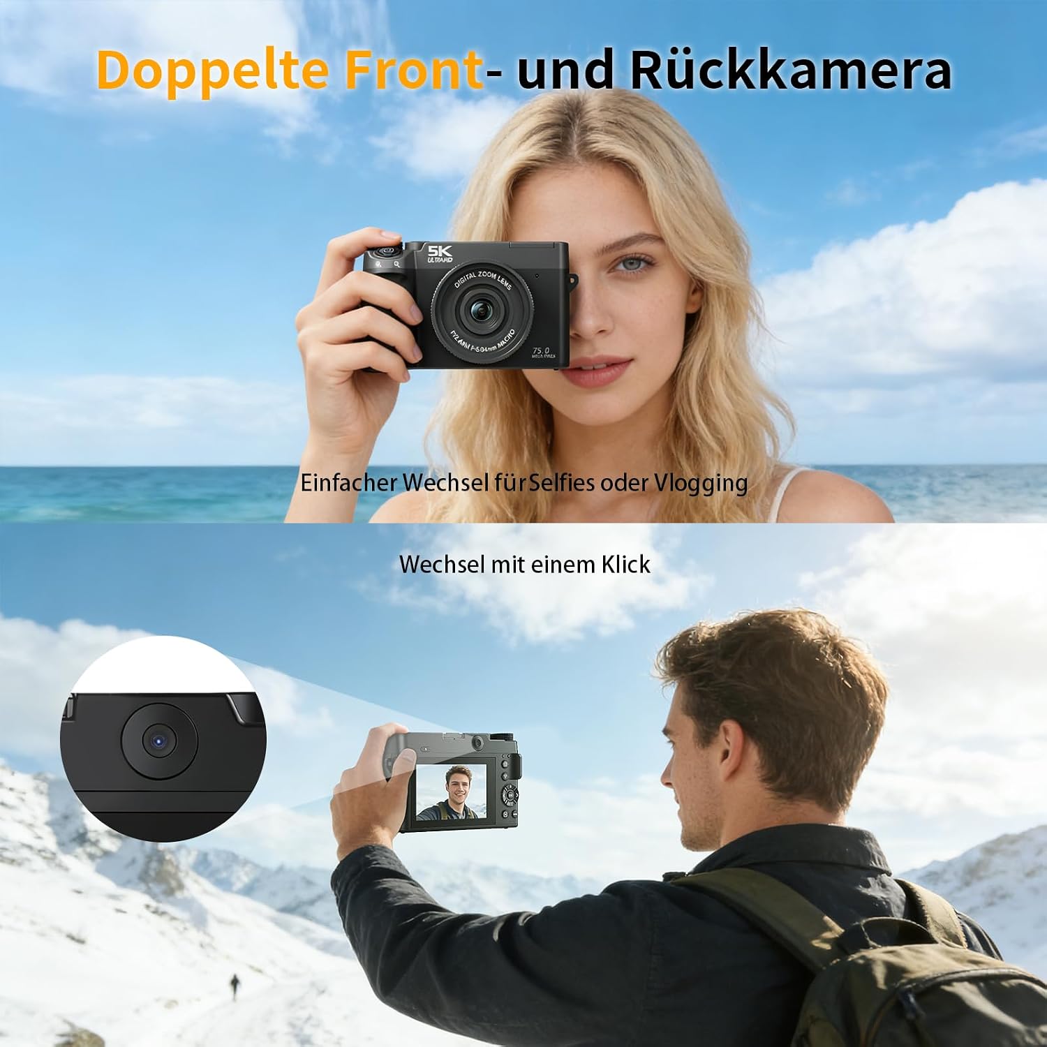 Detalle de Digitalkamera 5K 75MP Dual-Kamera mit WLAN – ideal für Einsteiger mit Vlogging-Ansatz