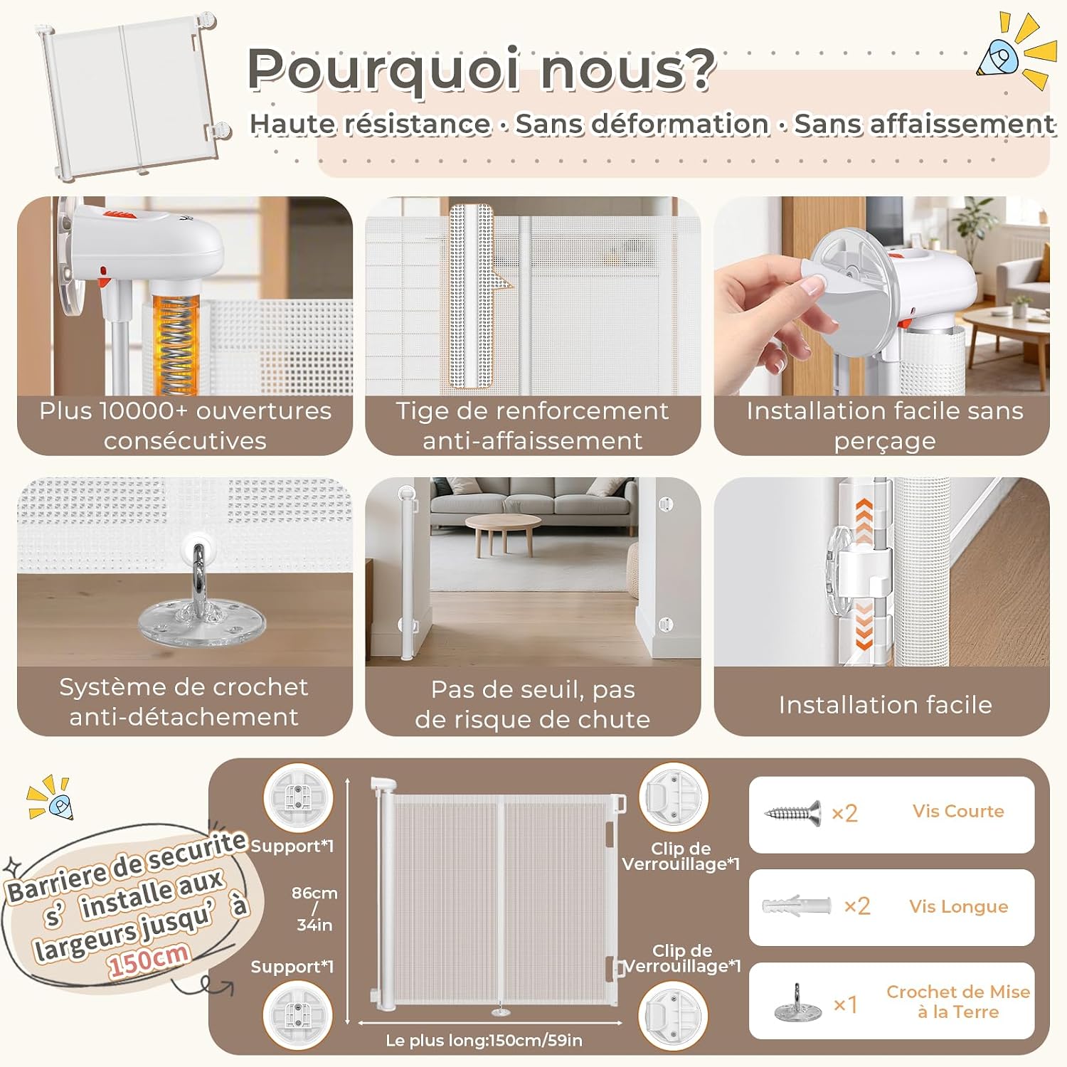 Thumbnail 2 de Ycozy Barrière de sécurité rétractable, maille renforcée et verrou bicolore