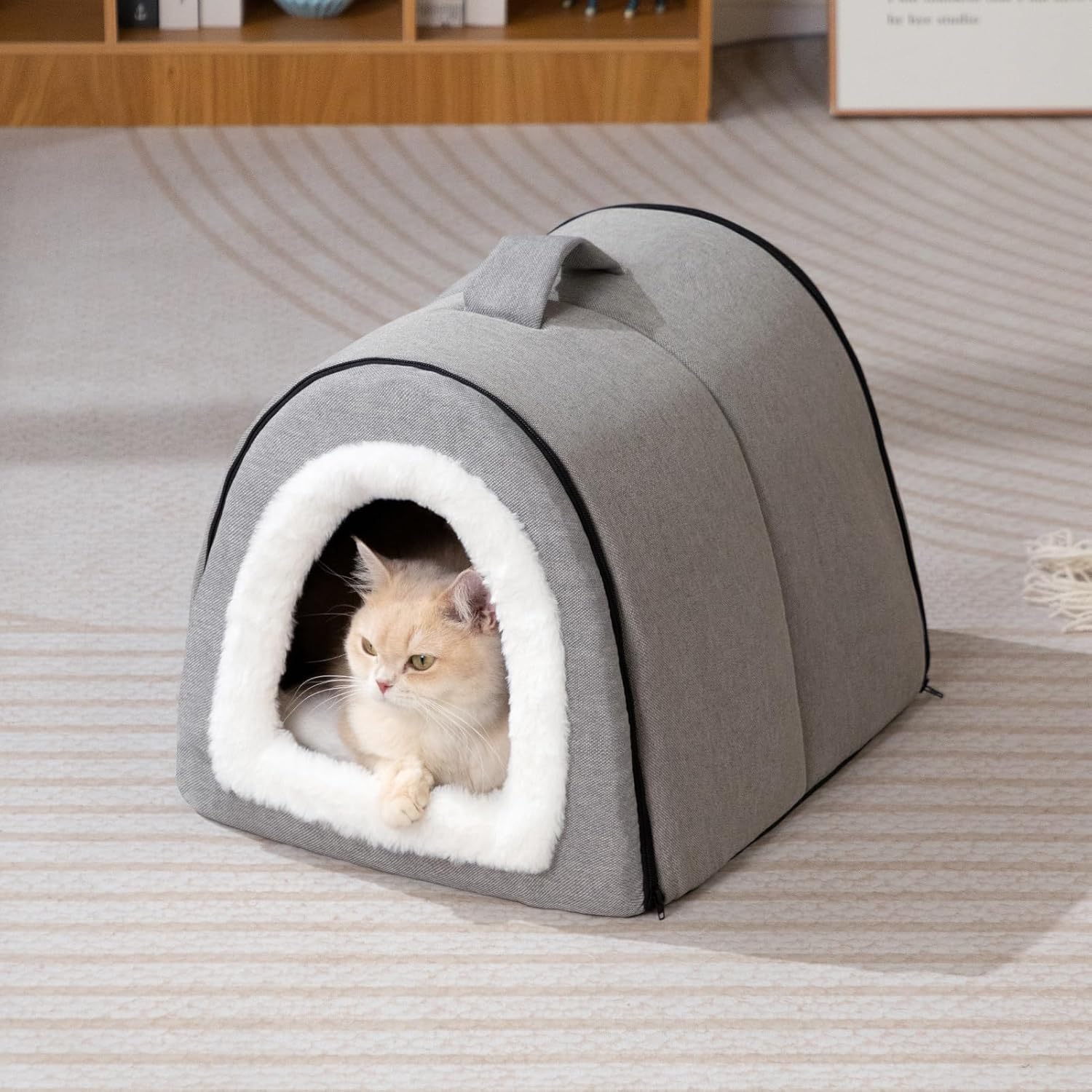 Thumbnail 2 de Hollypet Lit 2 en 1 pliable en lin pour chat et petits chiens (gris) – maison fermée ou canapé