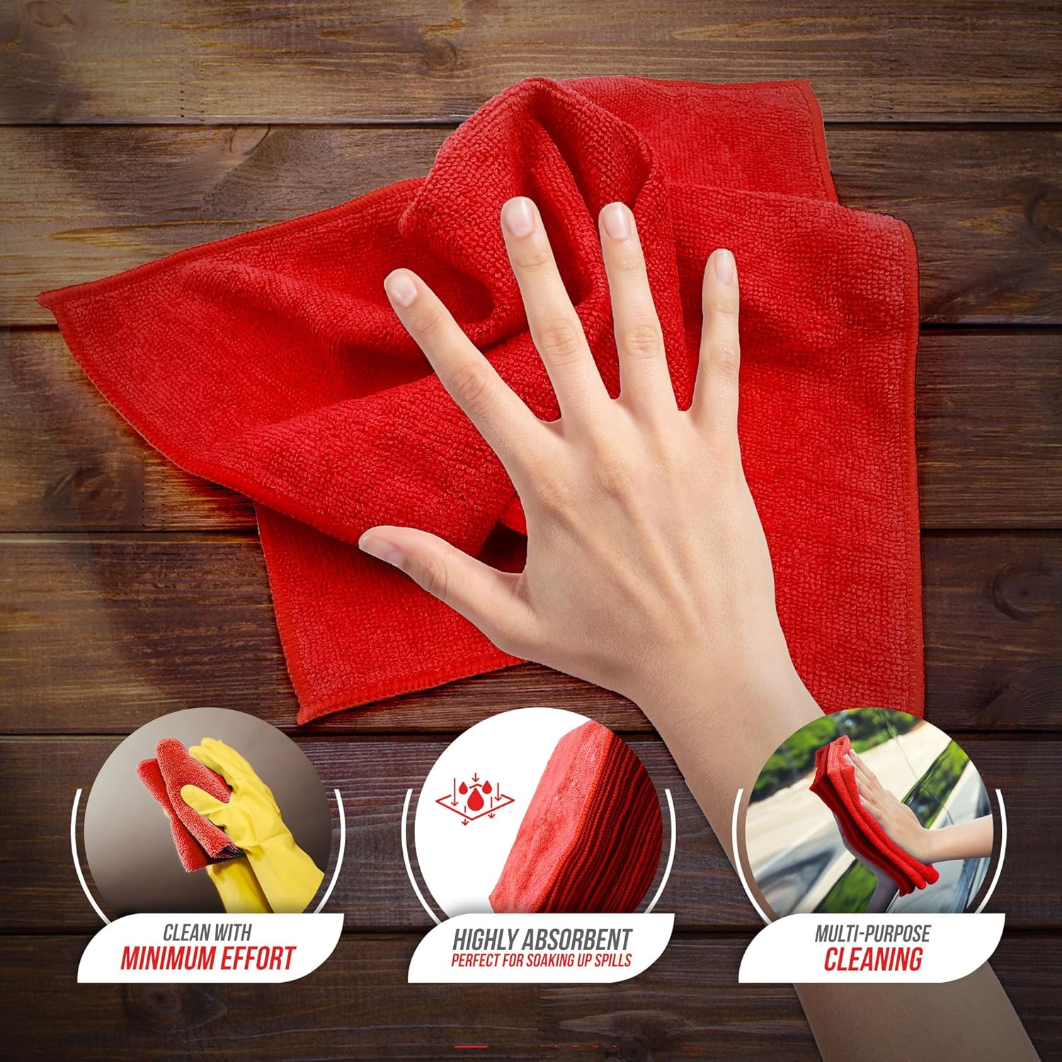 Thumbnail 1 de Microfiber Cleaning Cloths 40x40cm, Large, 10-Pack (Red) – Highly Absorbent, Lint-Free