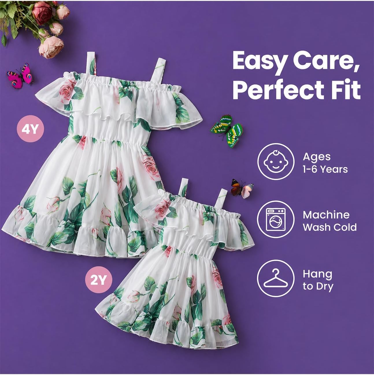 Detalle de JiAmy Toddler Girls Summer Dress – Floral Off-Shoulder Chiffon Ruffle Hem (1–6 Years)