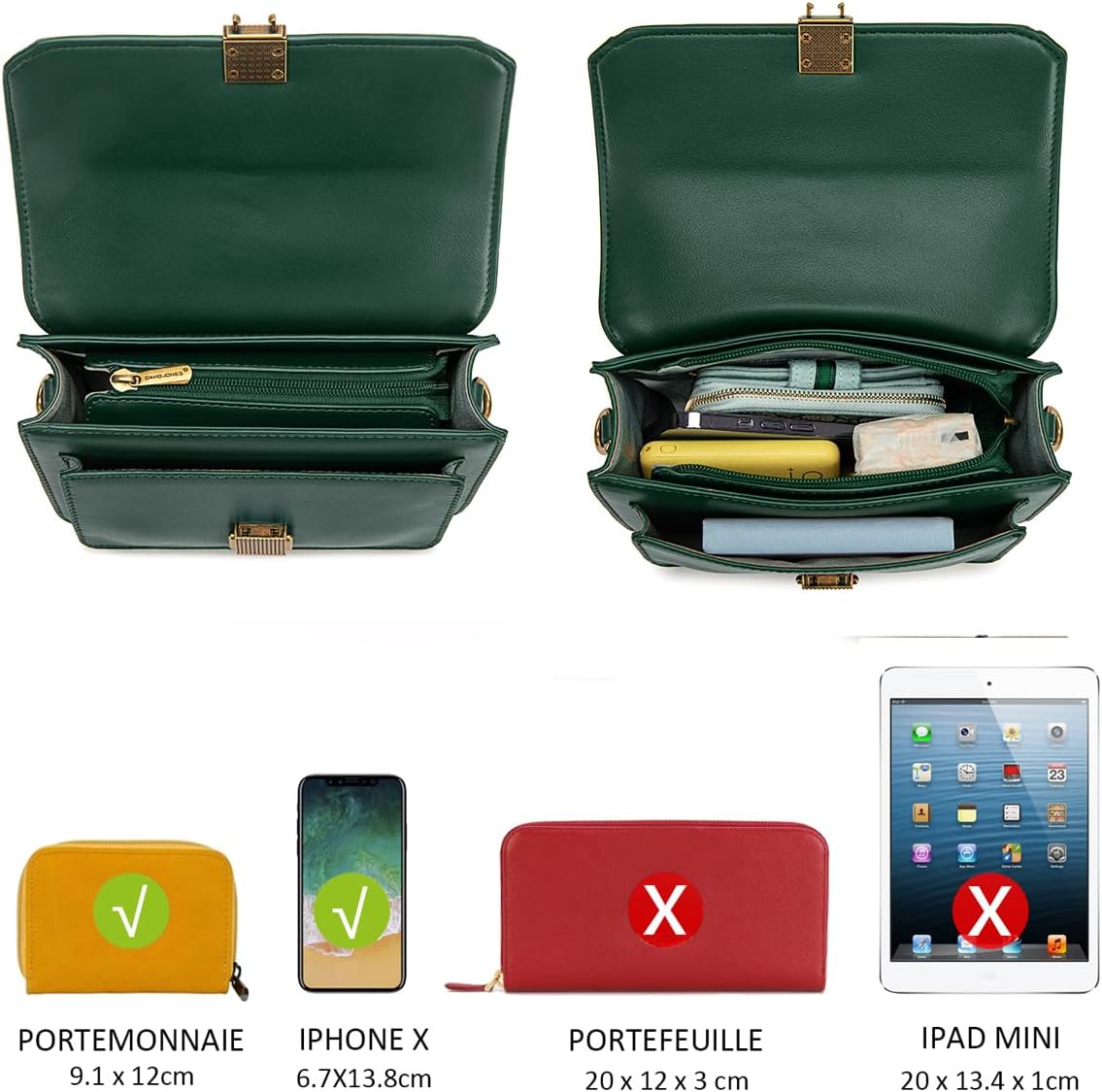 Thumbnail 5 de David Jones Petit sac bandoulière femme - Vert élégant en PU rigide avec rabat et double compartiments