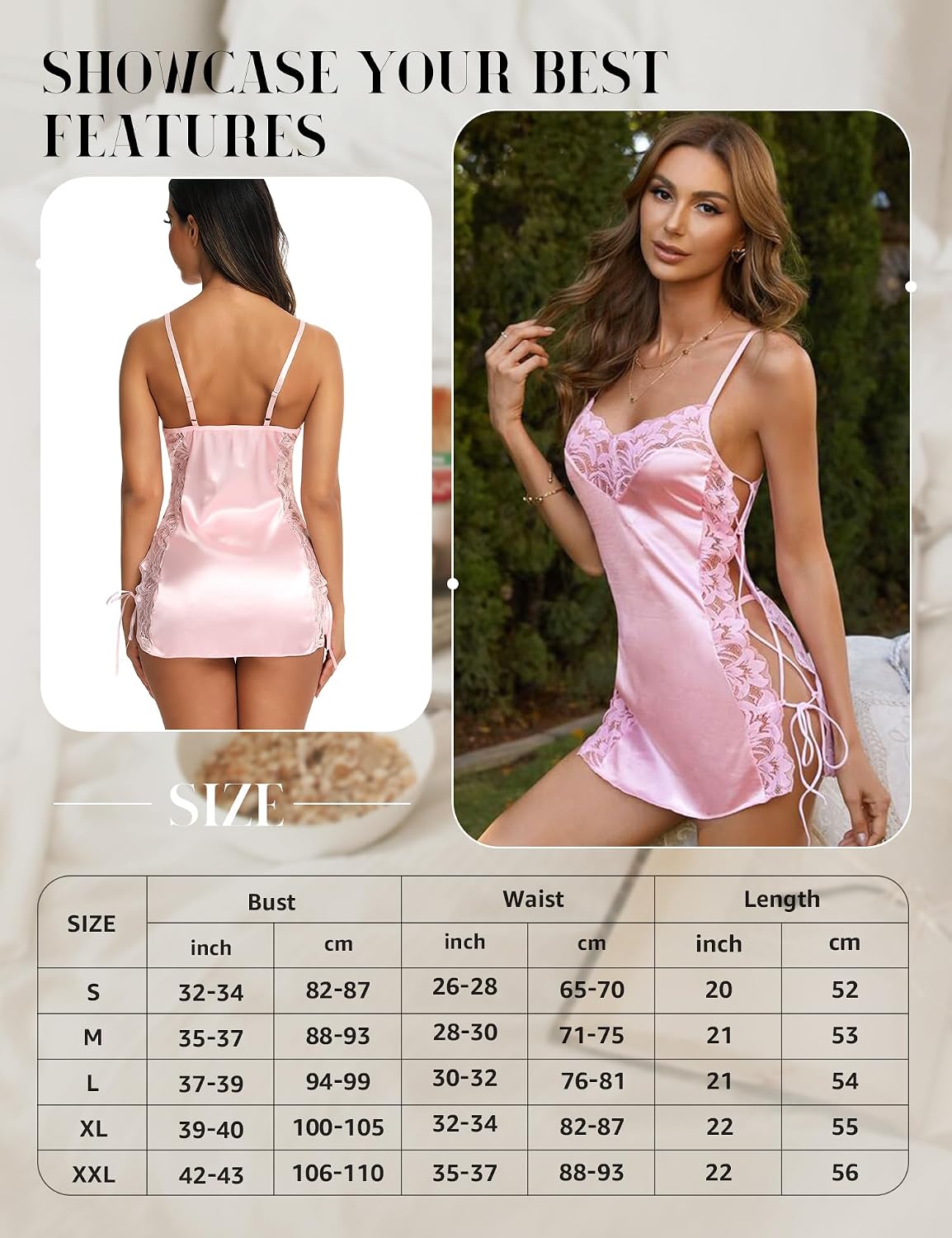 Detalle 1 de RSLOVE babydoll voor vrouwen van satijn, sensuele lingerie