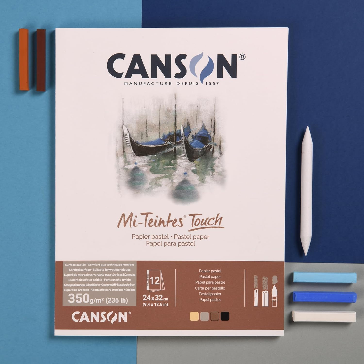 Detalle 2 de Canson Mi-Teintes Touch Blocco Collato Lungo 24 x 32 cm – 12 fogli, 4 colori assortiti (Crema, Grigio, Seppia, Nero) 350 g/m²