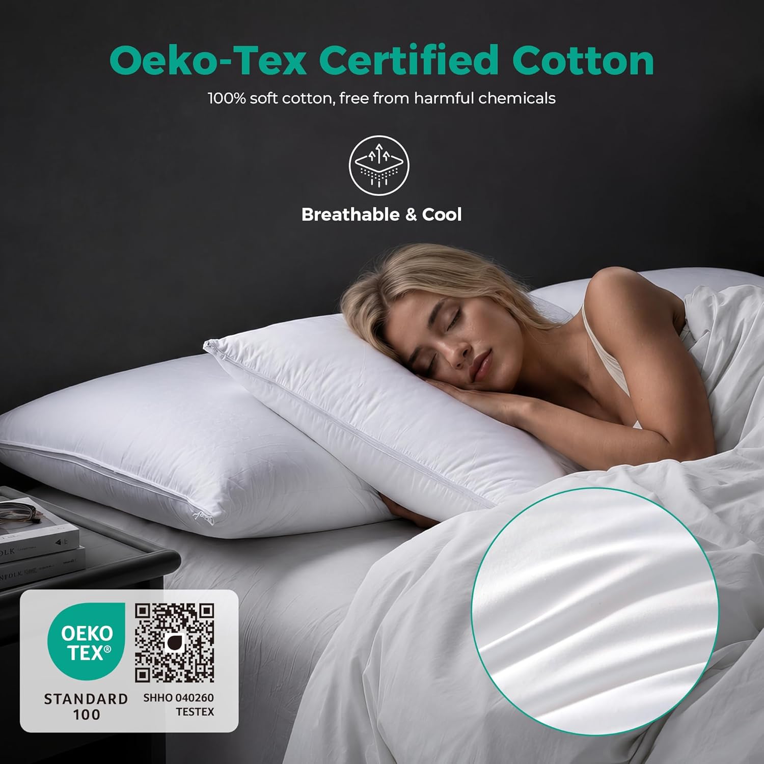 Detalle de Three Geese Adjustable Layer Goose Feather Pillow, 2-Pack with Cotton Cover