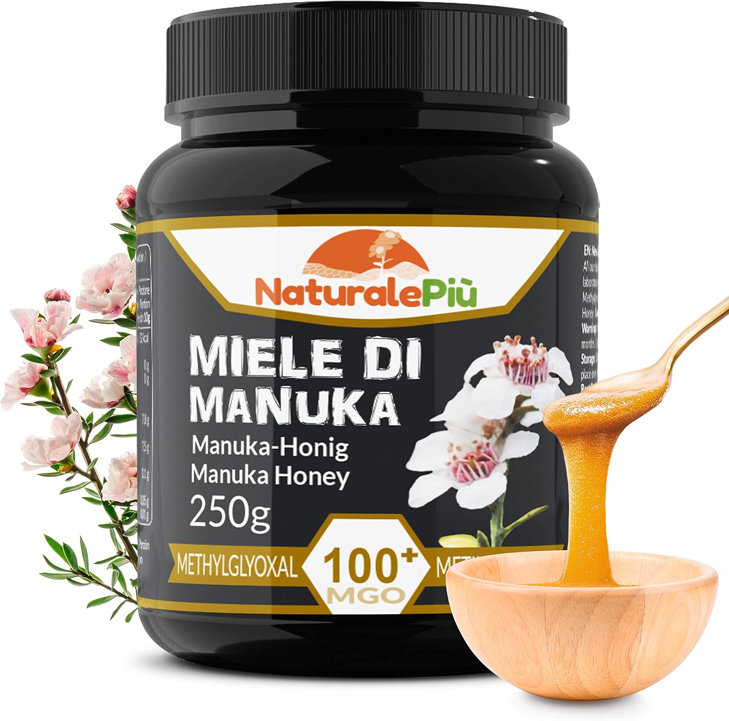 Detalle de NaturalePiù Miele di Manuka 100+ MGO 250 g: puro, grezzo e Testato in Laboratorio