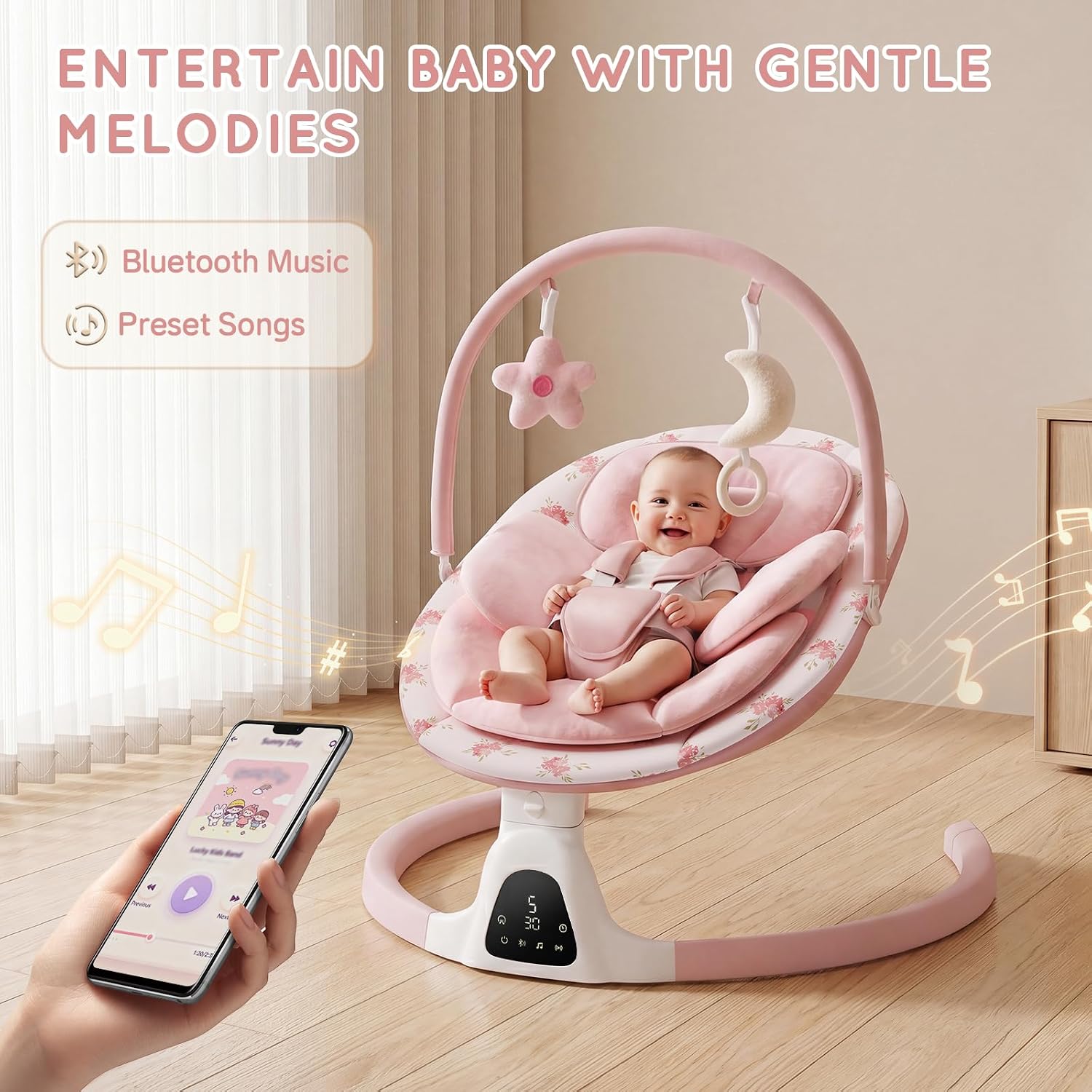 Detalle de MOMZELVI Electric Baby Swing for Infants, 5 Speeds, Bluetooth, Pink Seat Pad