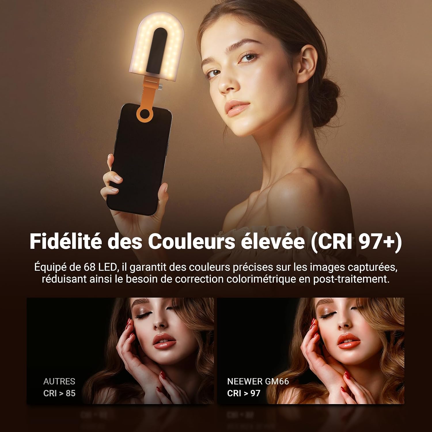Detalle 2 de NEEWER GM66 : lampe selfie à pince 68 LED bicolore (2900–7000K) pour iPhone et vlogs