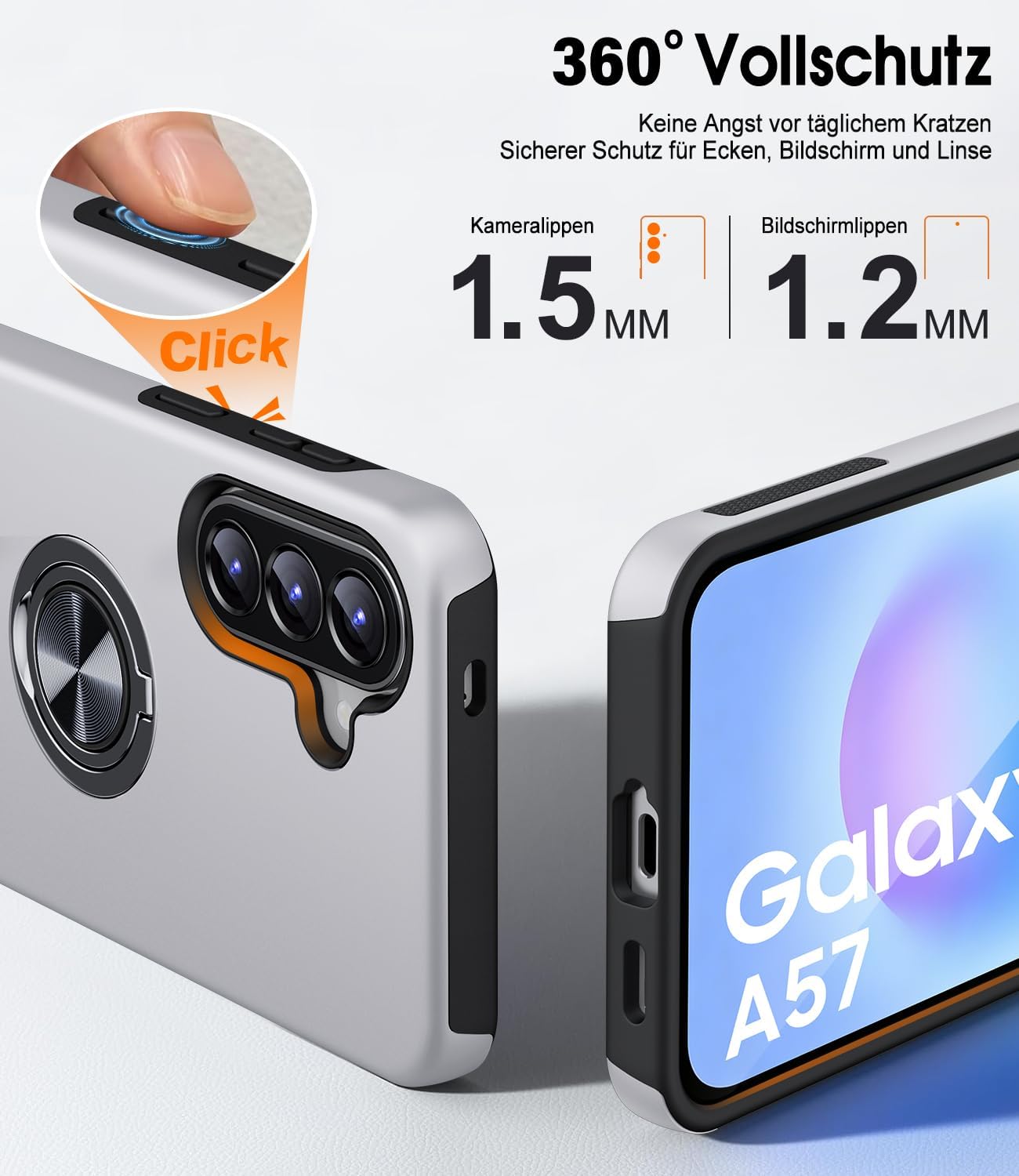Detalle de AOUIA Hülle für Samsung Galaxy A57 5G mit 2 PanzerGlas‑Schutzplatten – Militärischer Stoßschutz, 360° Ringständer