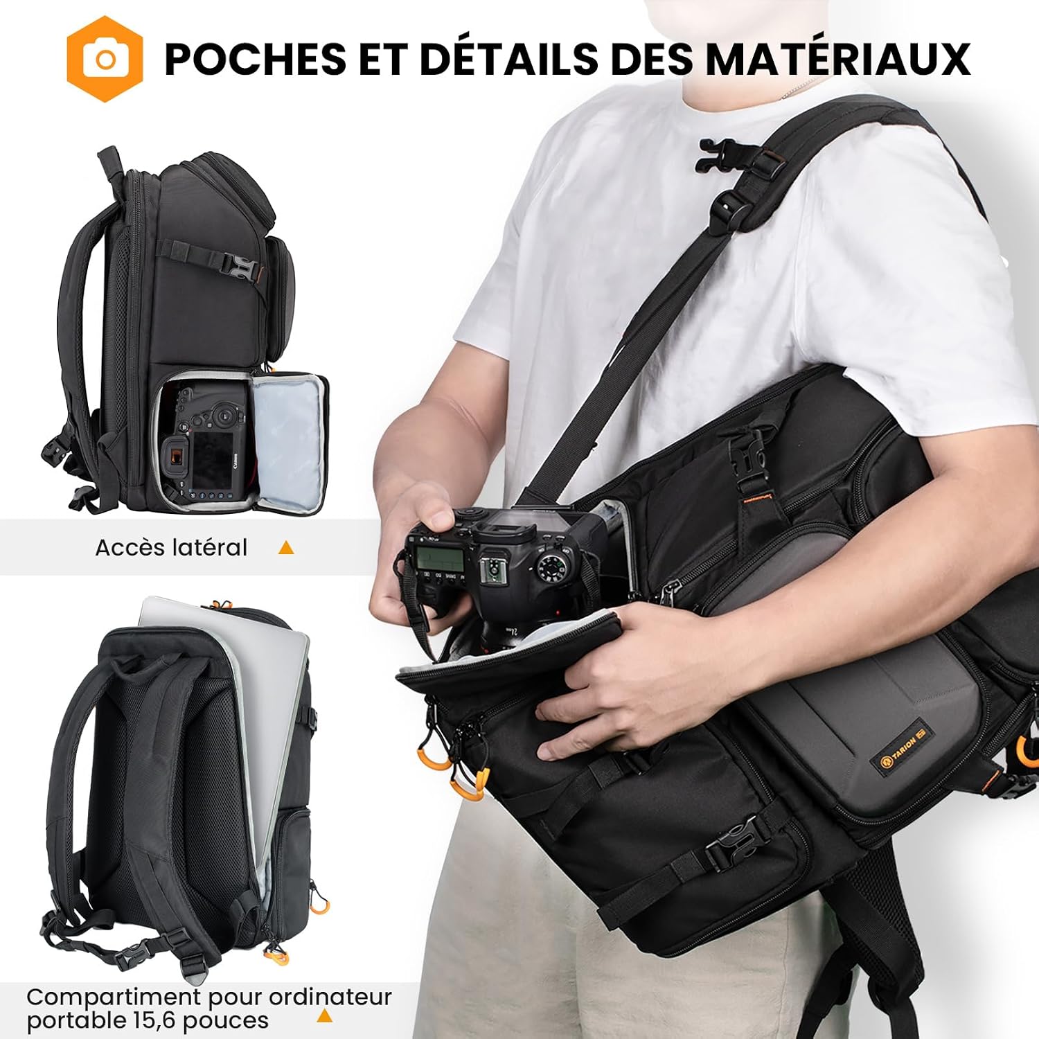 Detalle de TARION Sac à Dos pour Appareil Photo 15L (PBL) – Système modulable avec housse imperméable et compartiment ordinateur 15,6