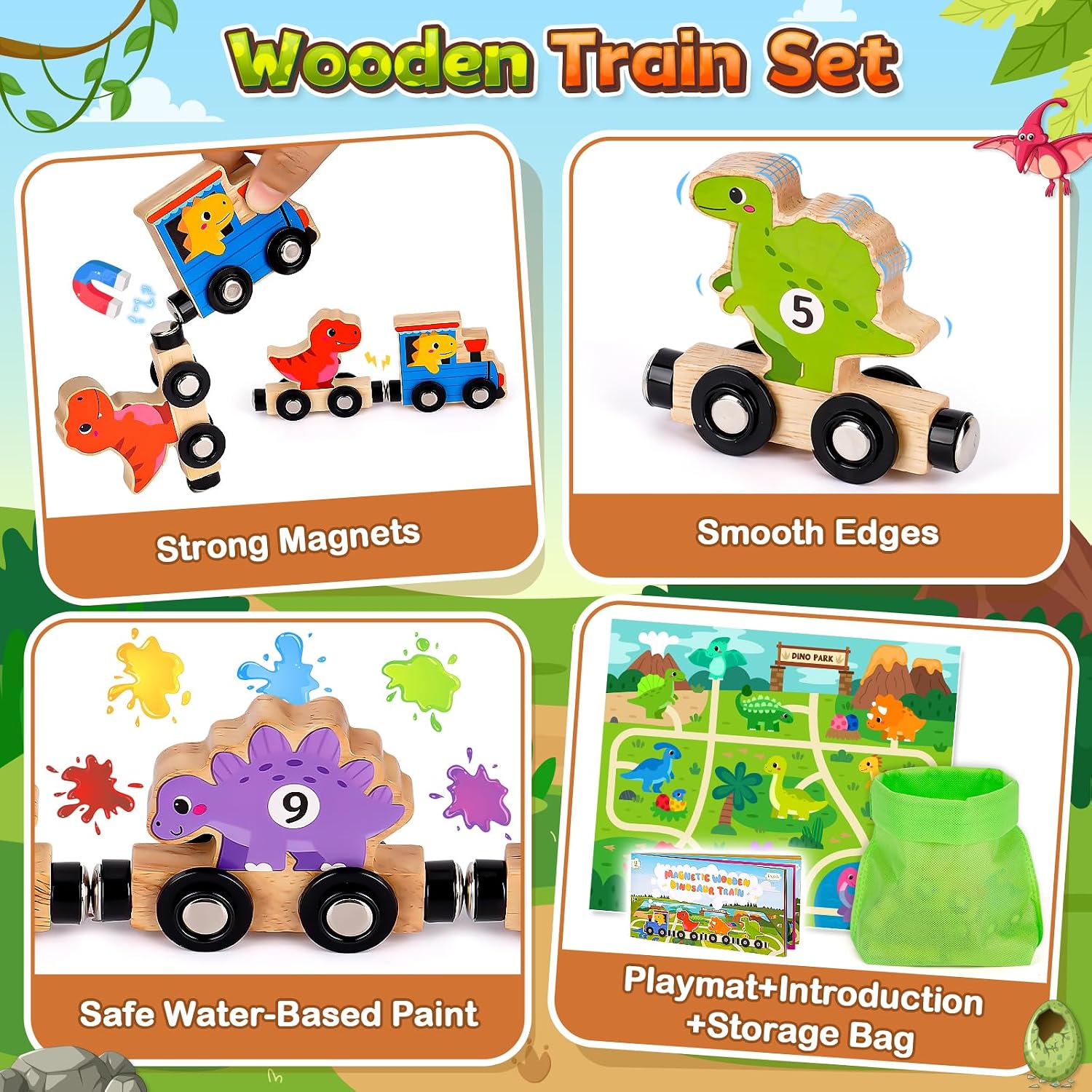 Thumbnail 2 de Toddler Wooden Dinosaur Magnetic Train Set (Age 1–3) with Carriages, Numbers 0–10 & Playmat