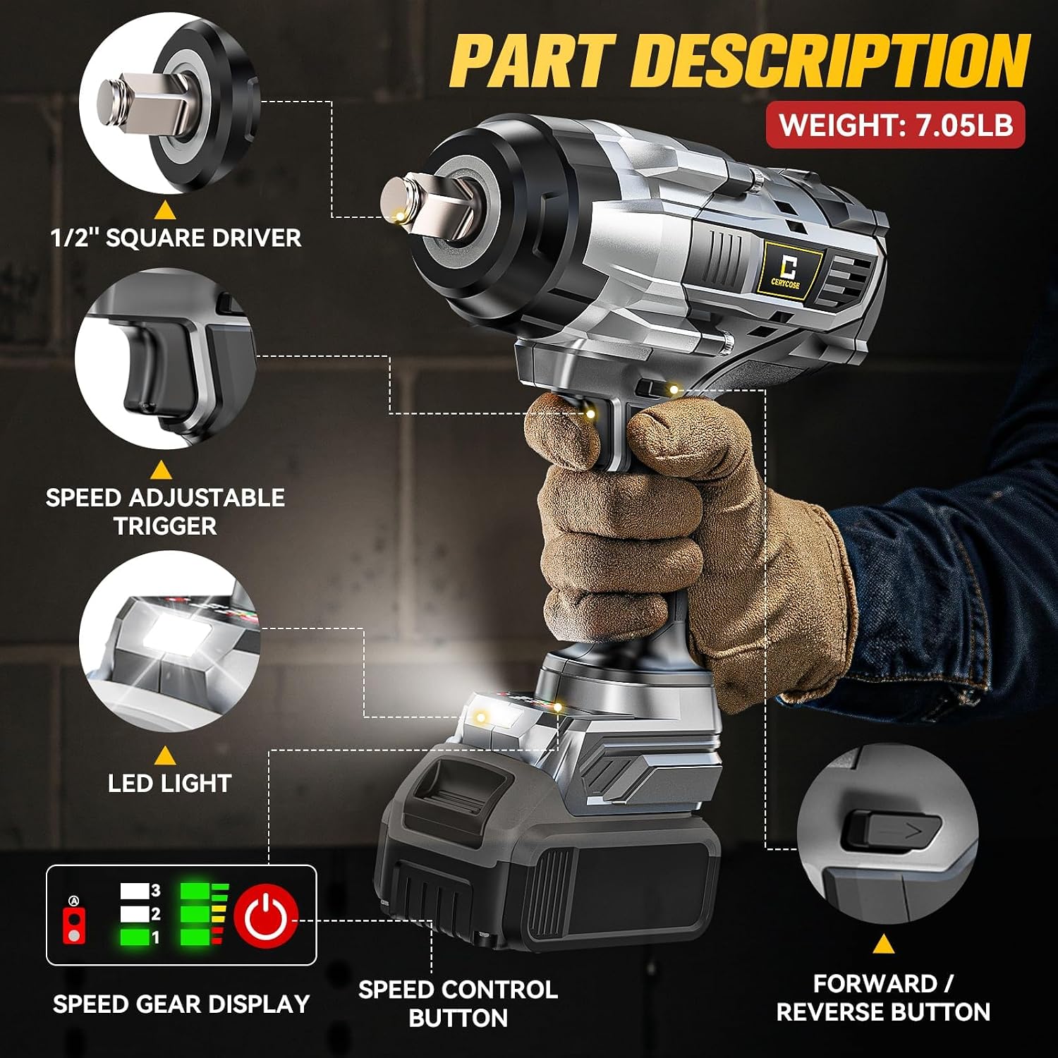 Detalle de Cordless Impact Wrench 1/2 inch — 1700 ft-lbs High Torque, Brushless, Bare Tool (Battery Not Included)