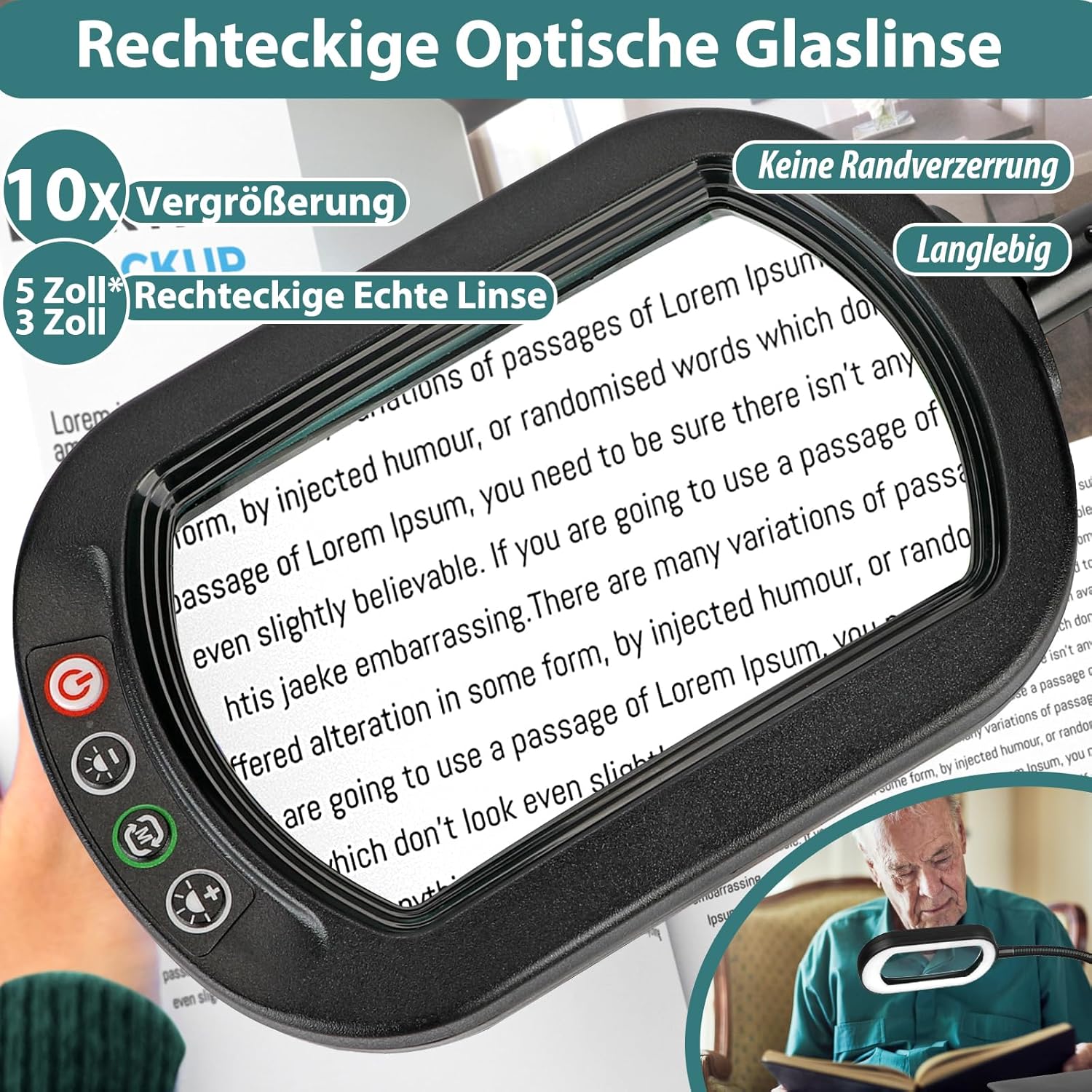 Thumbnail 1 de Drdefi lente di ingrandimento rettangolare 10X con luce LED e collo flessibile