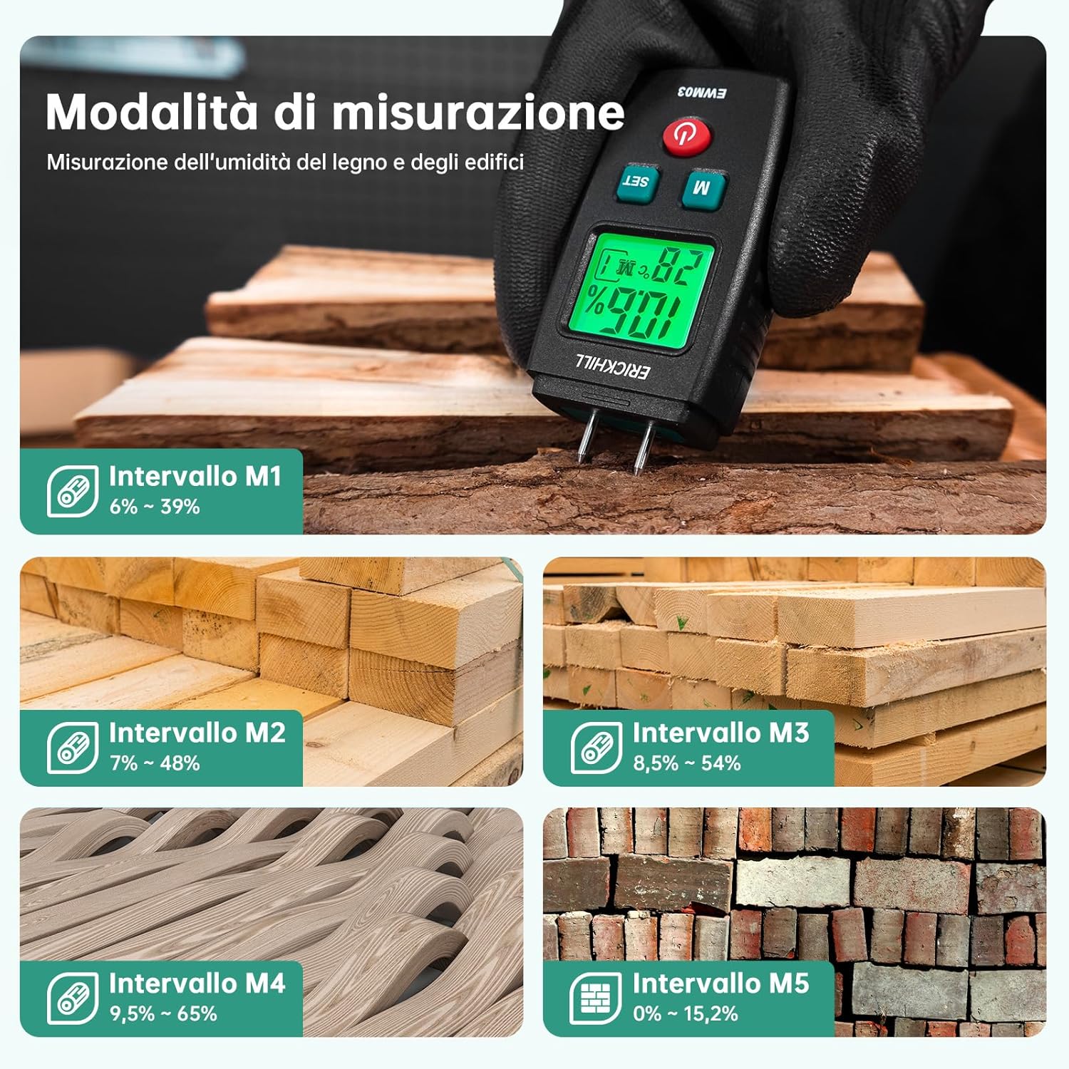 Thumbnail 1 de Misuratore di Umidità EWM03 di ERICKHILL: igrometro a pin con retroilluminazione e 5 scale per legno e materiali da costruzione