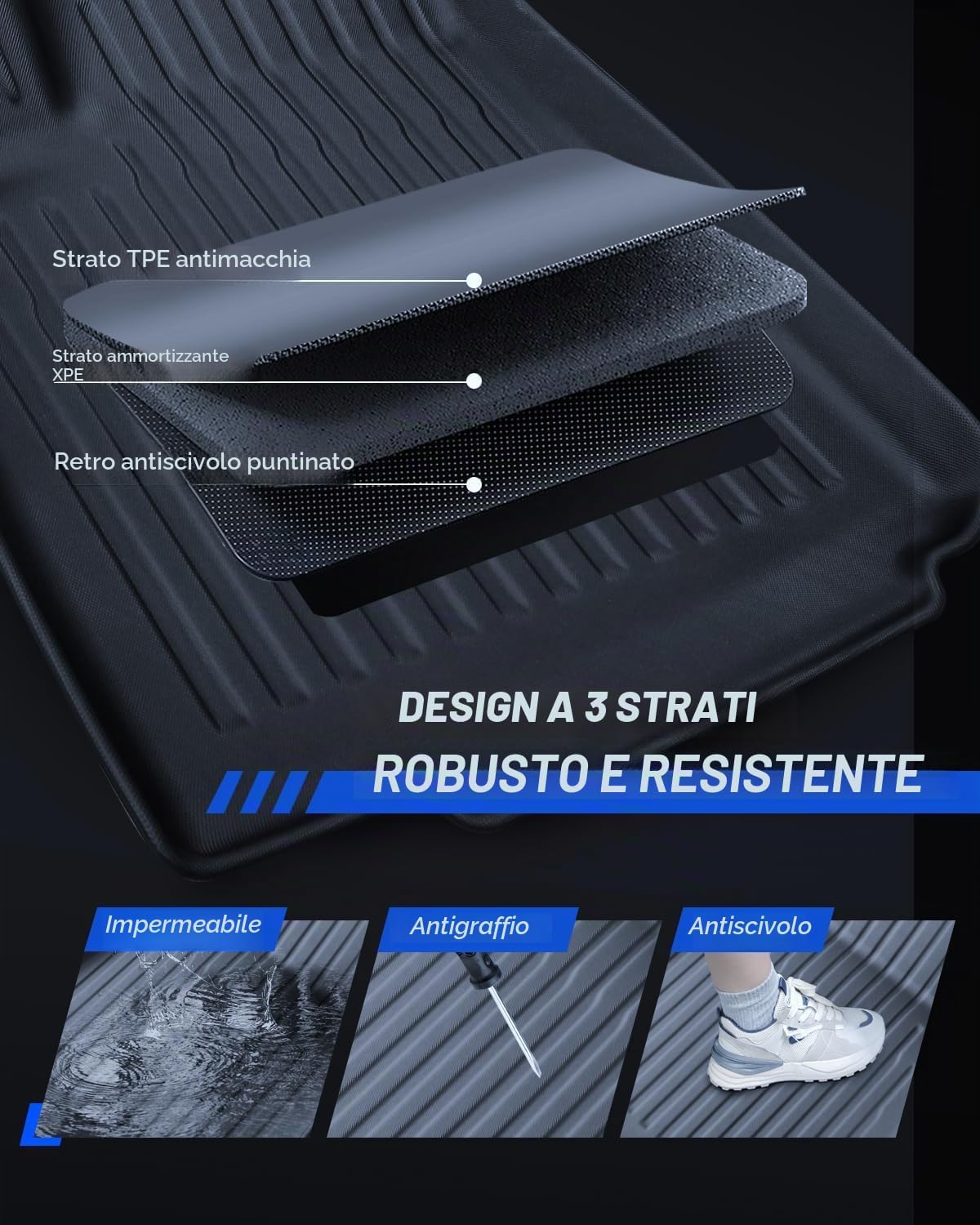 Thumbnail 6 de LANTU Tappetini 8 pezzi per Tesla Model 3 2024-2026: protezione totale in TPE, 3 strati e bordo alto